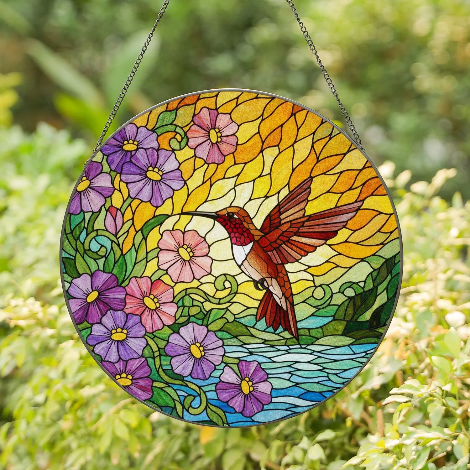 Hummingbird Tiffany Glass Floral Sky Mosaic - Home Decor Gift for Wildlife Lover Stained Glass Suncatcher - 1