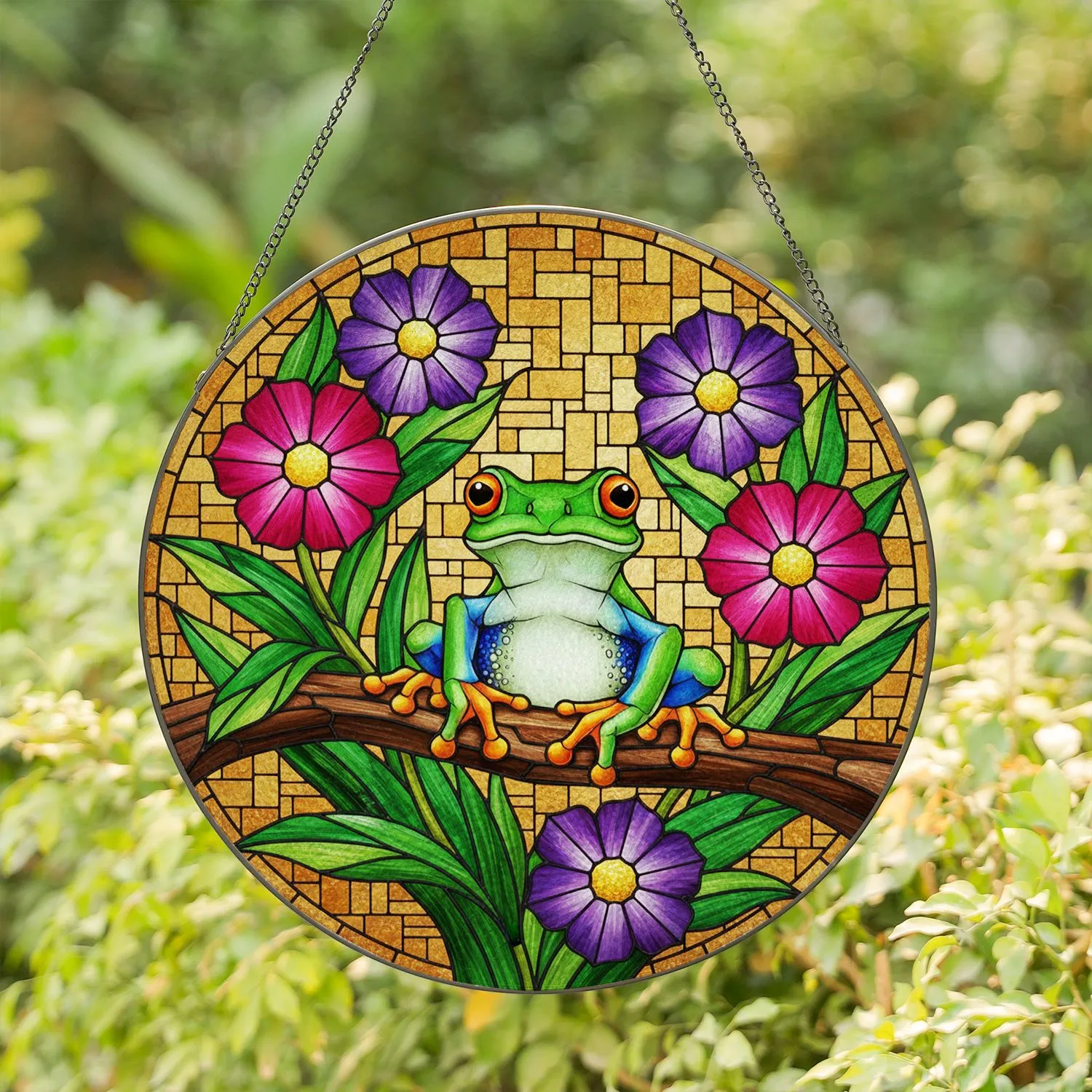 Green Tree Frog on Branch Magenta Violet Flowers - Wildlife Home Decor Stained Glass Suncatcher - 1