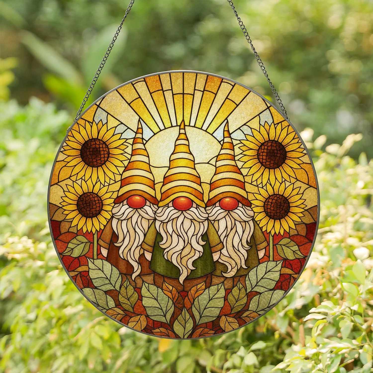 Three Gnomes Striped Hats Sunflowers Autumn Foliage - Fall Season Home Decor Gift Stained Glass Suncatcher - 1