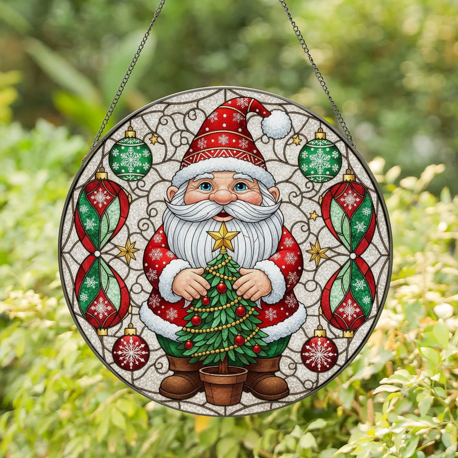 Plump Christmas Gnome Holding Tree Snowfall Stars - Festive Holiday Decor Gift Stained Glass Suncatcher - 1
