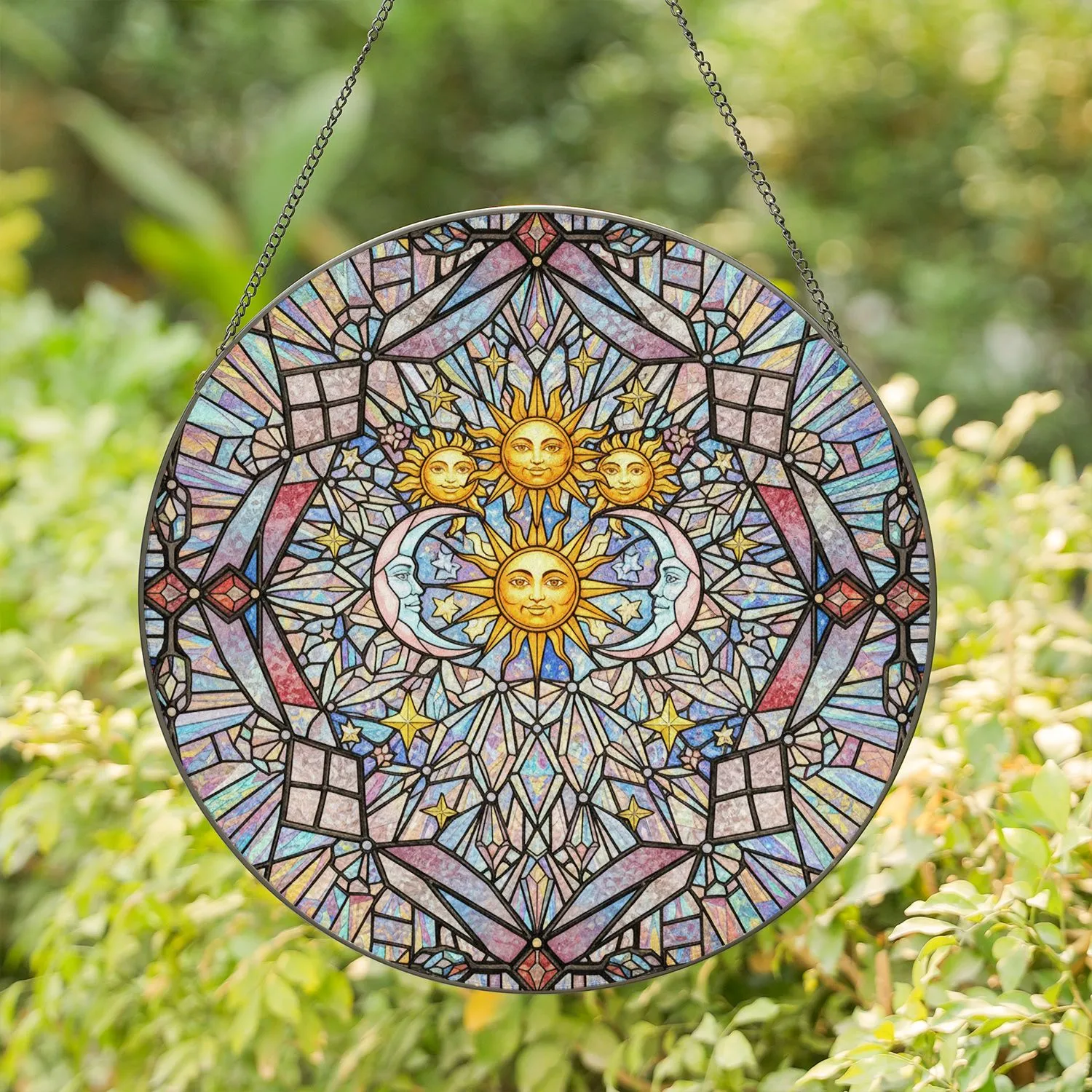 Smiling Suns Crescent Moons Twinkling Stars Luminous Crystal Diamond Shapes - Home Decor Gift Stained Glass Suncatcher - 1