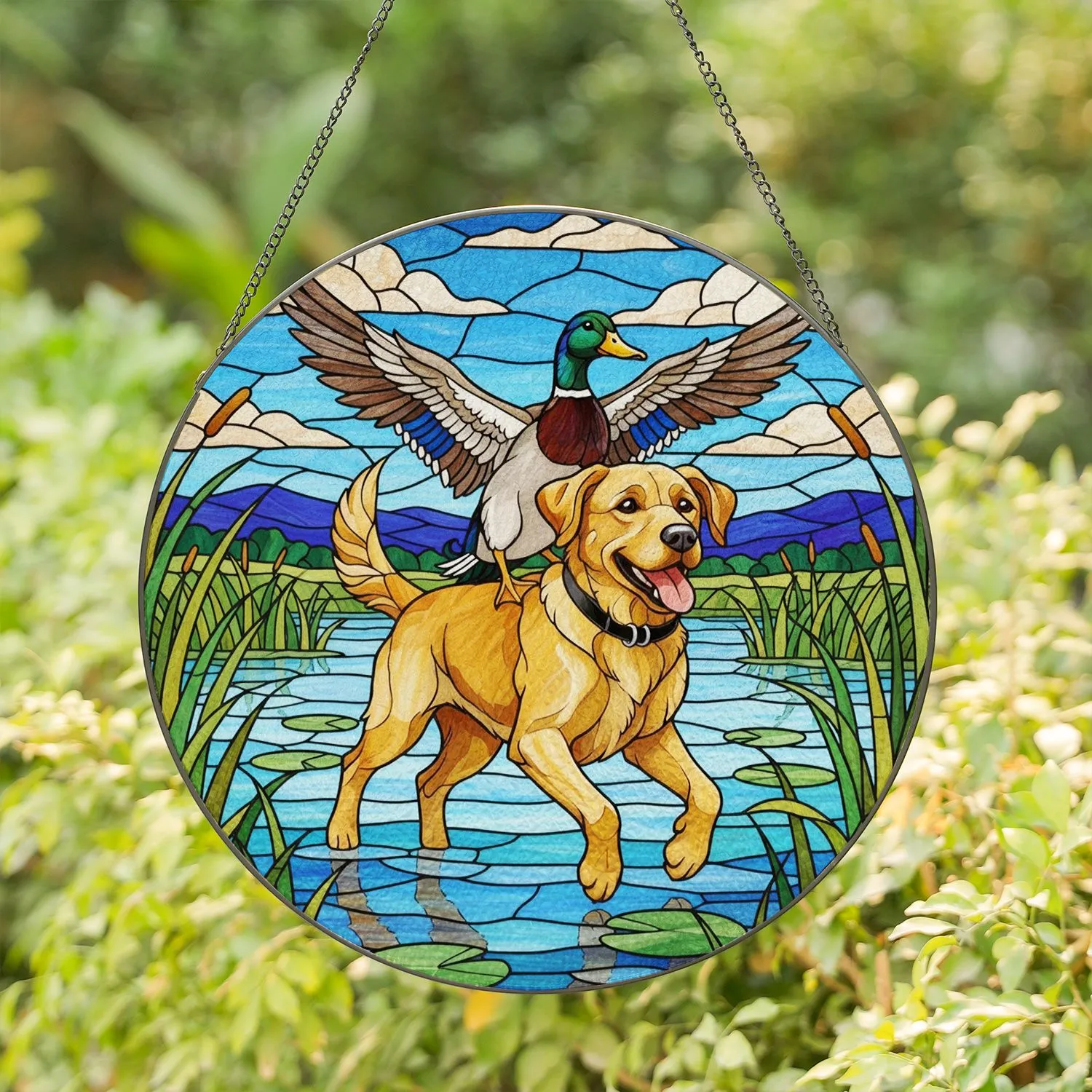 Golden Labrador Retriever Duck Marshland Scene Tiffany Glass - Dog Lover Home Decor Gift Stained Glass Suncatcher - 1
