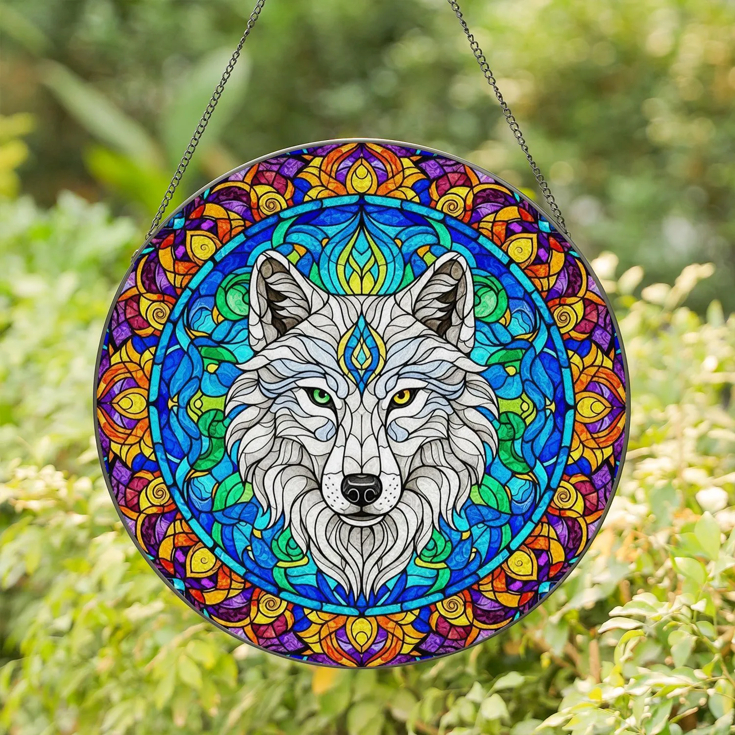 Wolf Head Third Eye Halo Mandala Celtic Knot Home Decor Wildlife Gift Stained Glass Suncatcher - 1