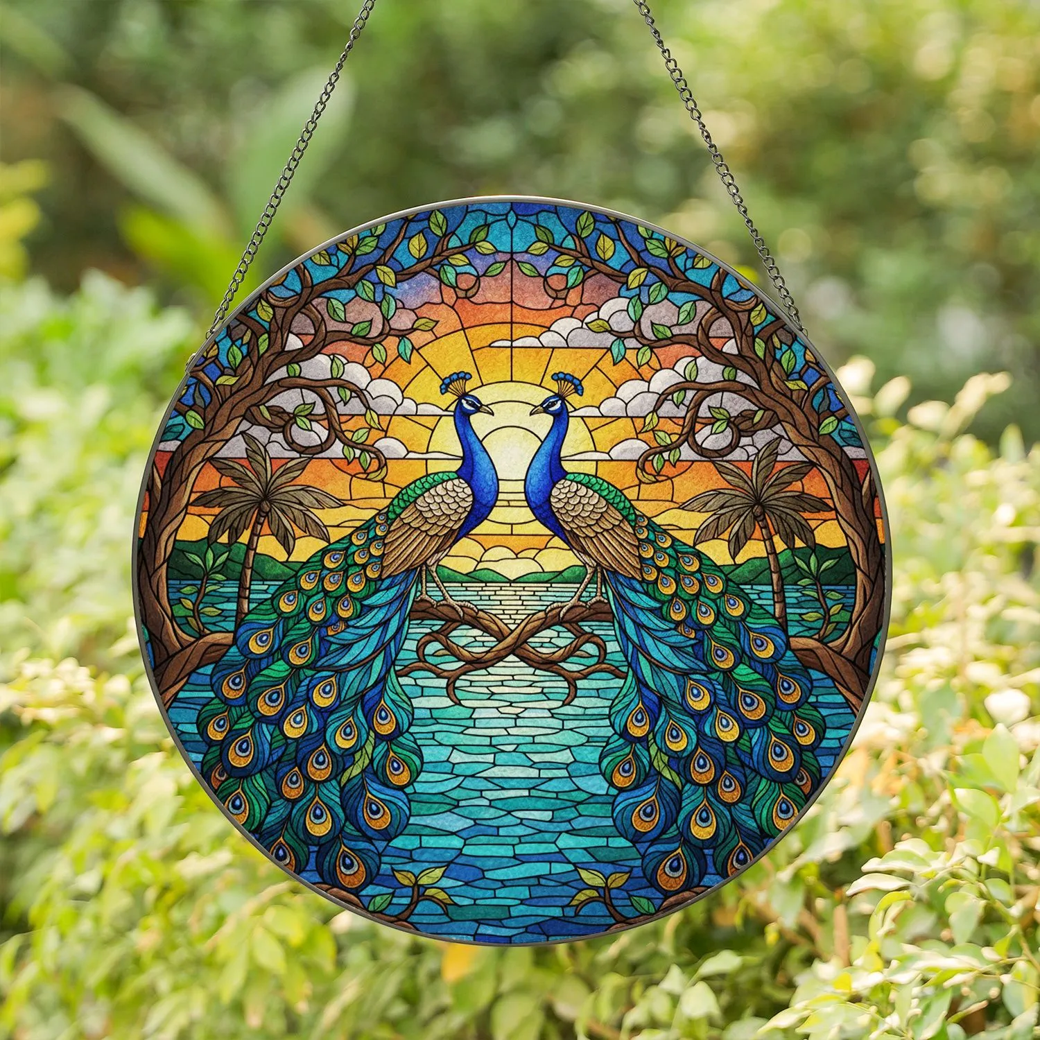 Majestic Peacocks Tropical Sunset Landscape - Wildlife Lover Home Decor Gift Stained Glass Suncatcher - 1