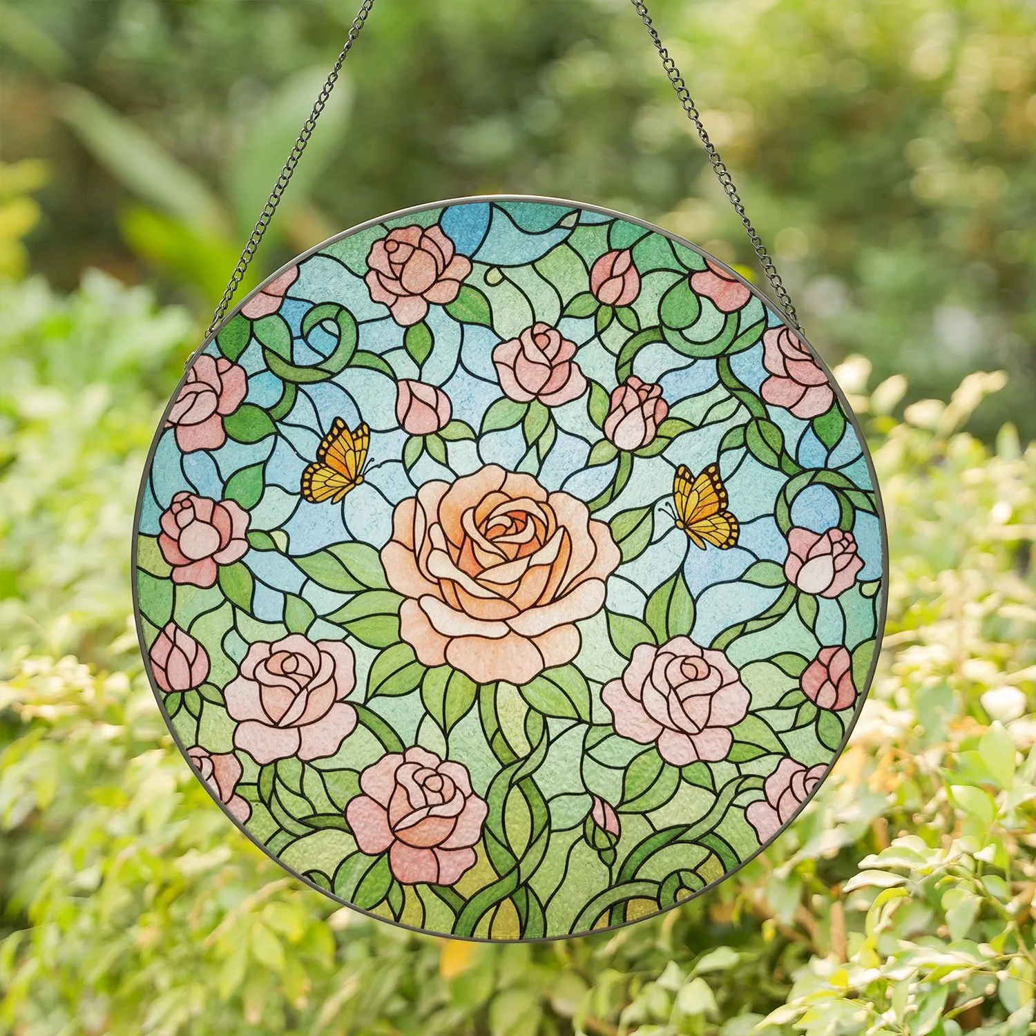 Tiffany Glass Rose Butterfly Mosaic - Home Decor Gift for Flower Lovers Stained Glass Suncatcher - 1