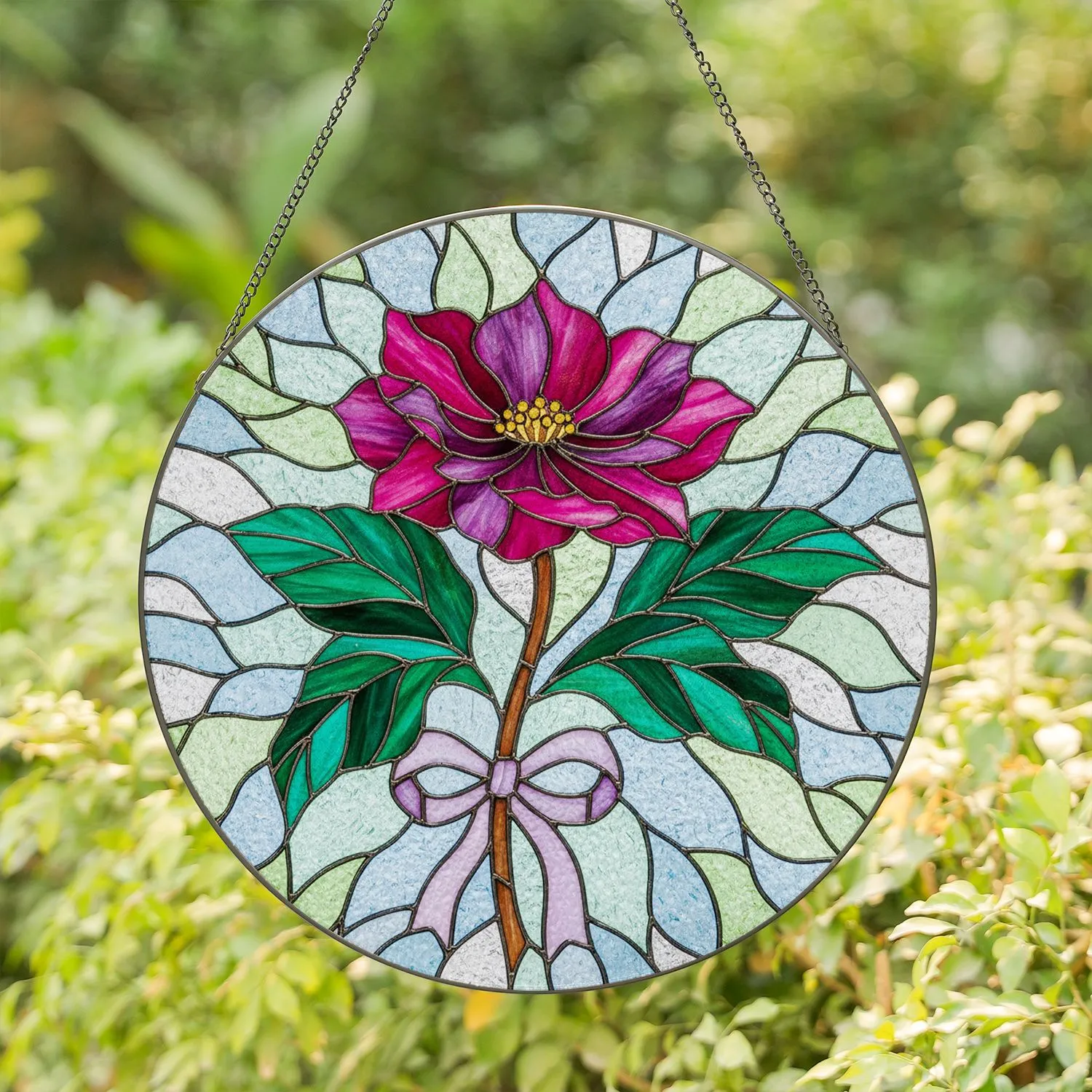 Fuchsia Magenta Flower Green Teal Leaves - Home Decor Gift for Plant Lover Stained Glass Suncatcher - 1