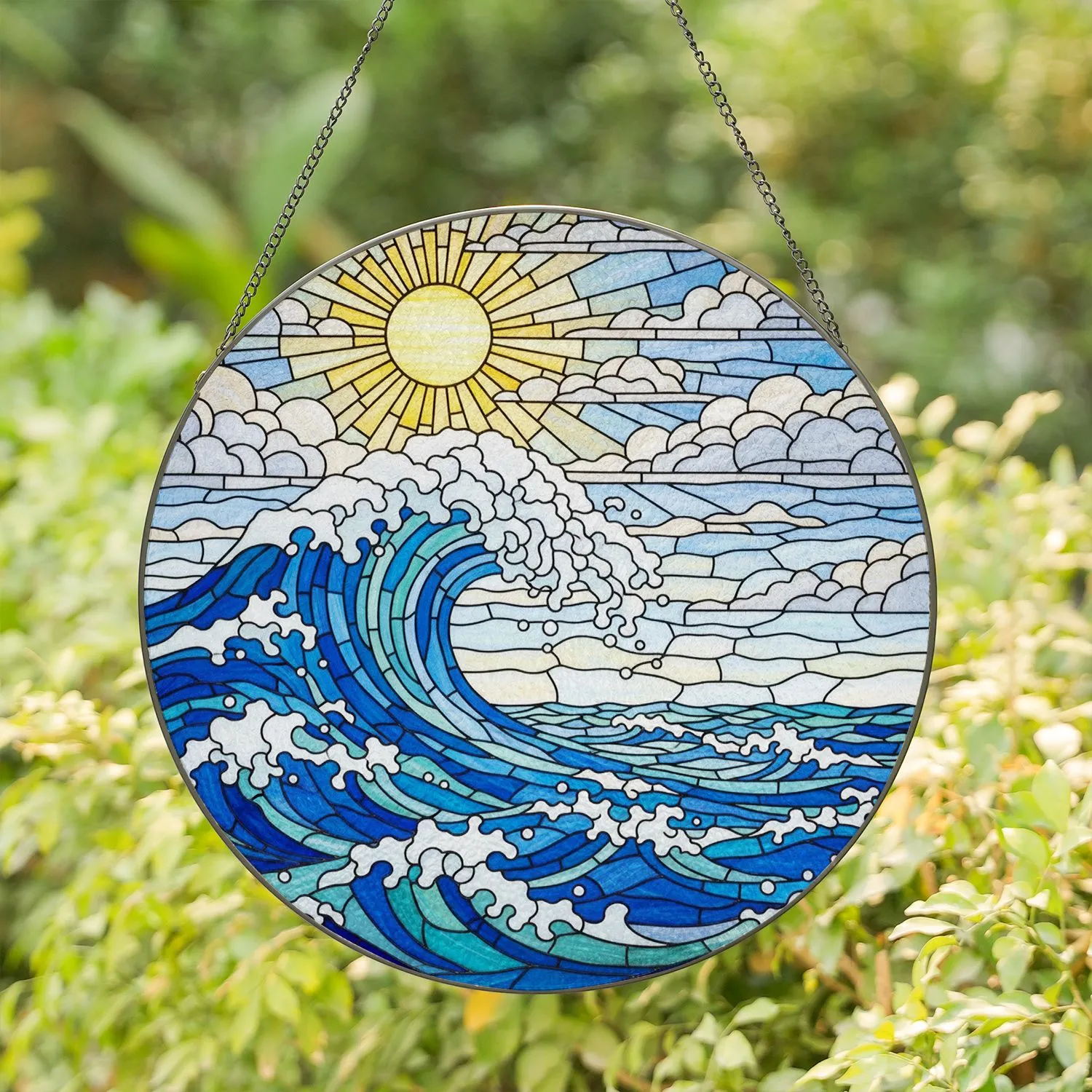 Ocean Wave Seascape Sun Clouds - Coastal Decor Gift for Ocean Lover Stained Glass Suncatcher - 1