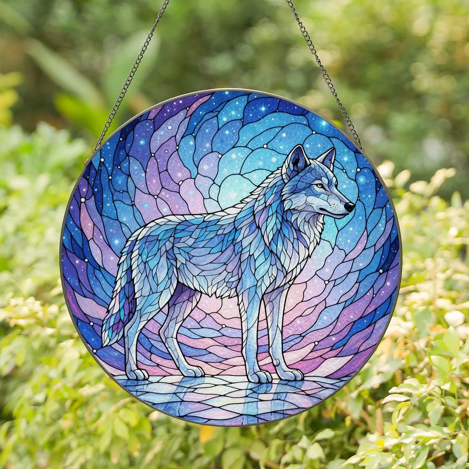 Majestic Wolf Celestial Twilight Sky Stars Nebulae - Wildlife Lover Home Decor Gift Stained Glass Suncatcher - 1