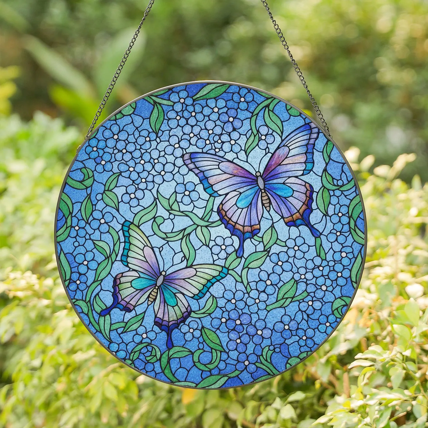 Butterflies Blue Purple Floral Botanical Mosaic - Home Decor Gift for Butterfly Lover Stained Glass Suncatcher - 1