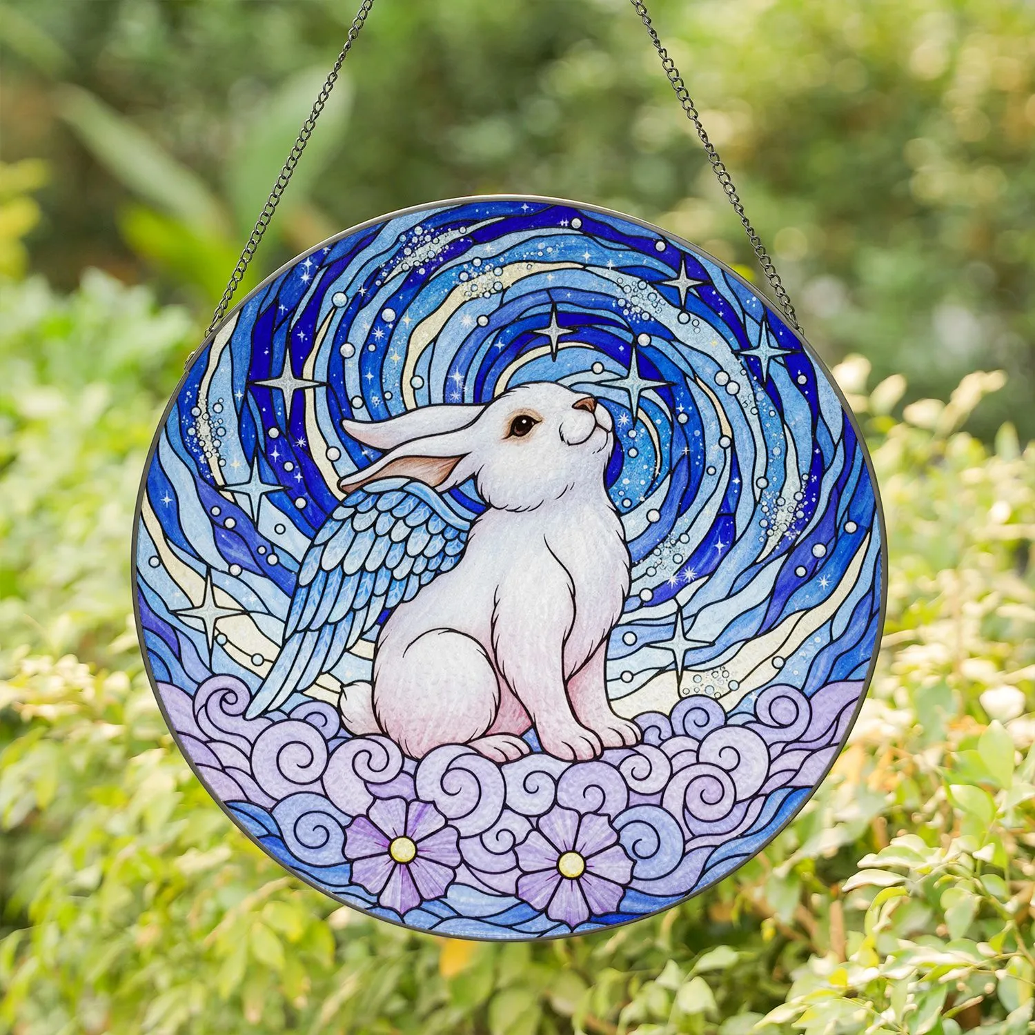Fluffy White Rabbit Blue Wings Purple Cloud - Home Decor Gift for Fantasy Lover Stained Glass Suncatcher - 1