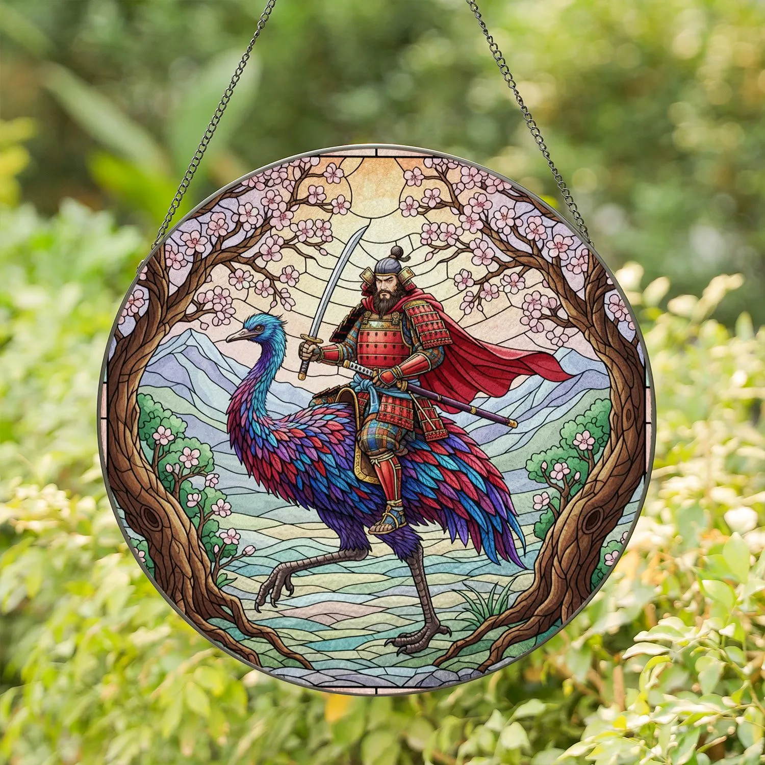 Samurai Warrior Riding Emu Bird Sakura Cherry Blossoms Rolling Hills Mountains - Home Decor Gift for Him Stained Glass Suncatcher - 1