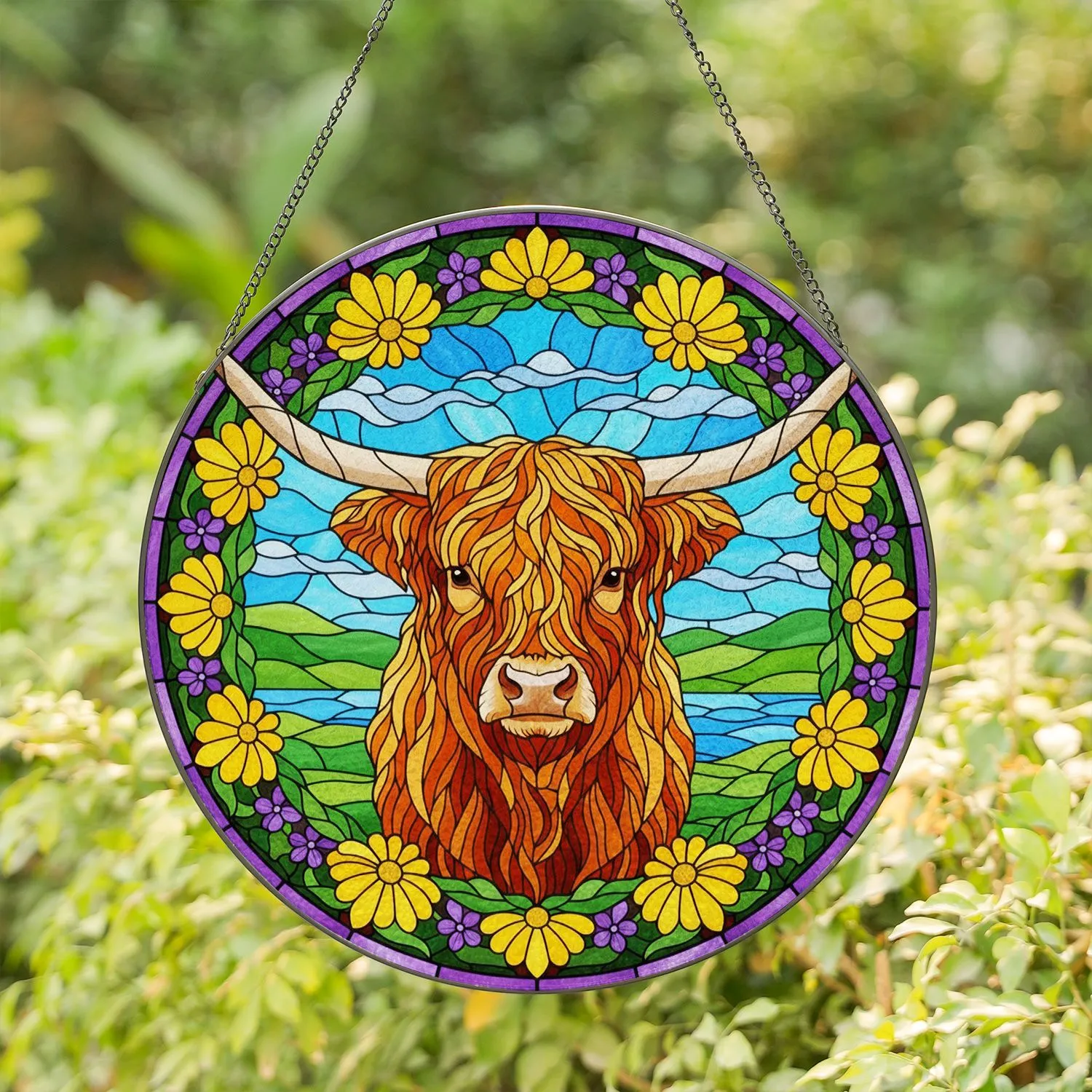 Highland Cow Wildflower Meadow - Farmhouse Home Decor Gift for Cow Lover Stained Glass Suncatcher - 1
