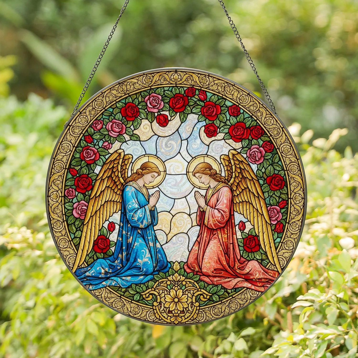 Kneeling Angelic Figures Golden Floral Rose Ornament - Home Decor Gift Stained Glass Suncatcher - 1