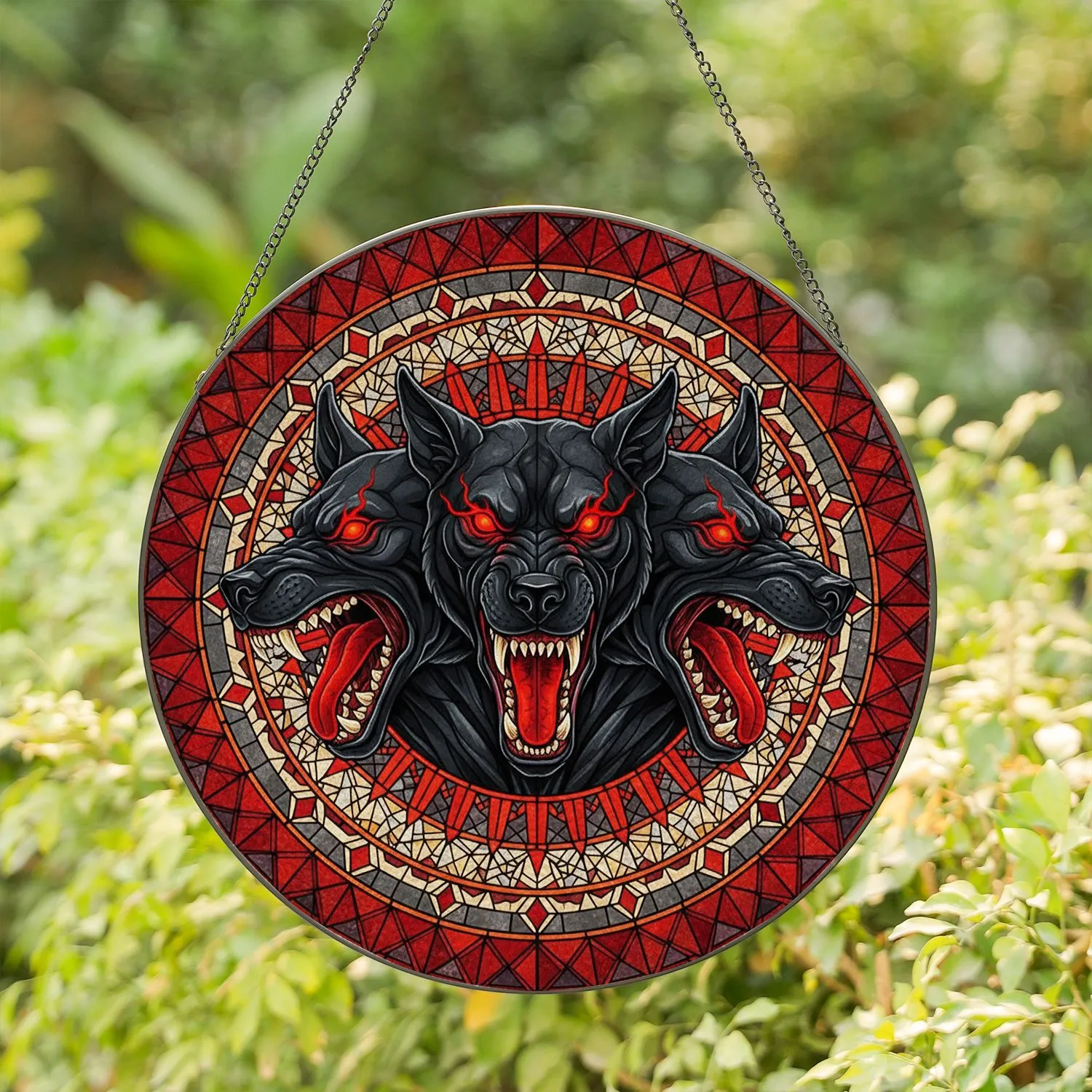 Menacing Gothic Cerberus Three-Headed Dog - Dark Art Decor Gift for Mythology Lover Stained Glass Suncatcher - 1