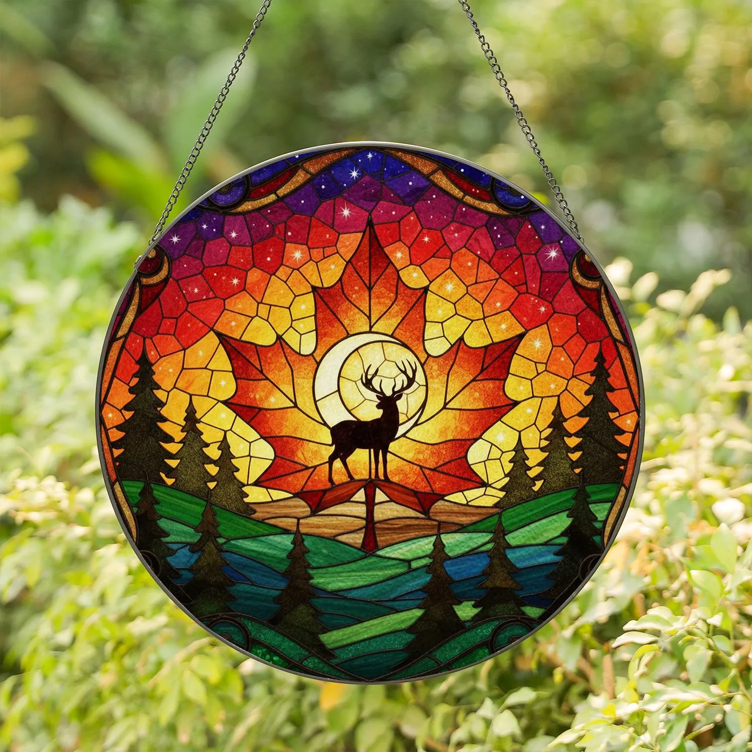 Stag Antlers Maple Leaf Pine Trees Celestial Sky - Wildlife Lover Home Decor Gift Stained Glass Suncatcher - 1