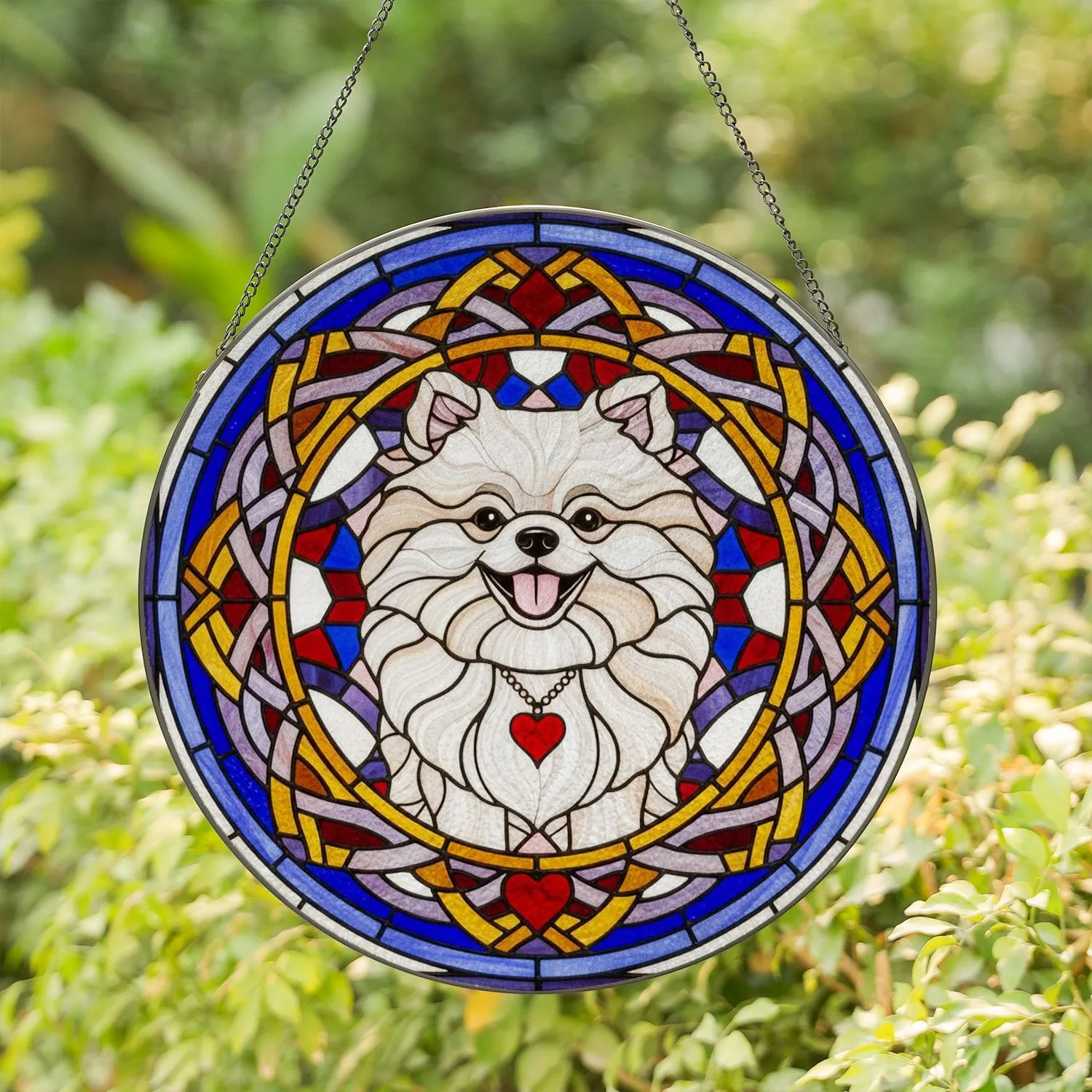 Fluffy White Pomeranian Dog Stained Glass Red Heart - Tiffany Glass Mosaic Home Decor Gift Stained Glass Suncatcher - 1