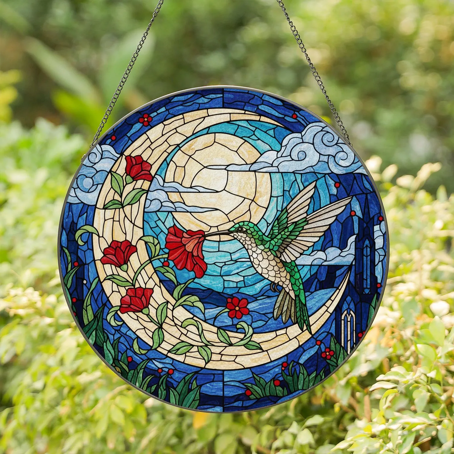 Hummingbird Red Flower Moon Night Sky - Wildlife Lover Home Decor Gift Stained Glass Suncatcher - 1