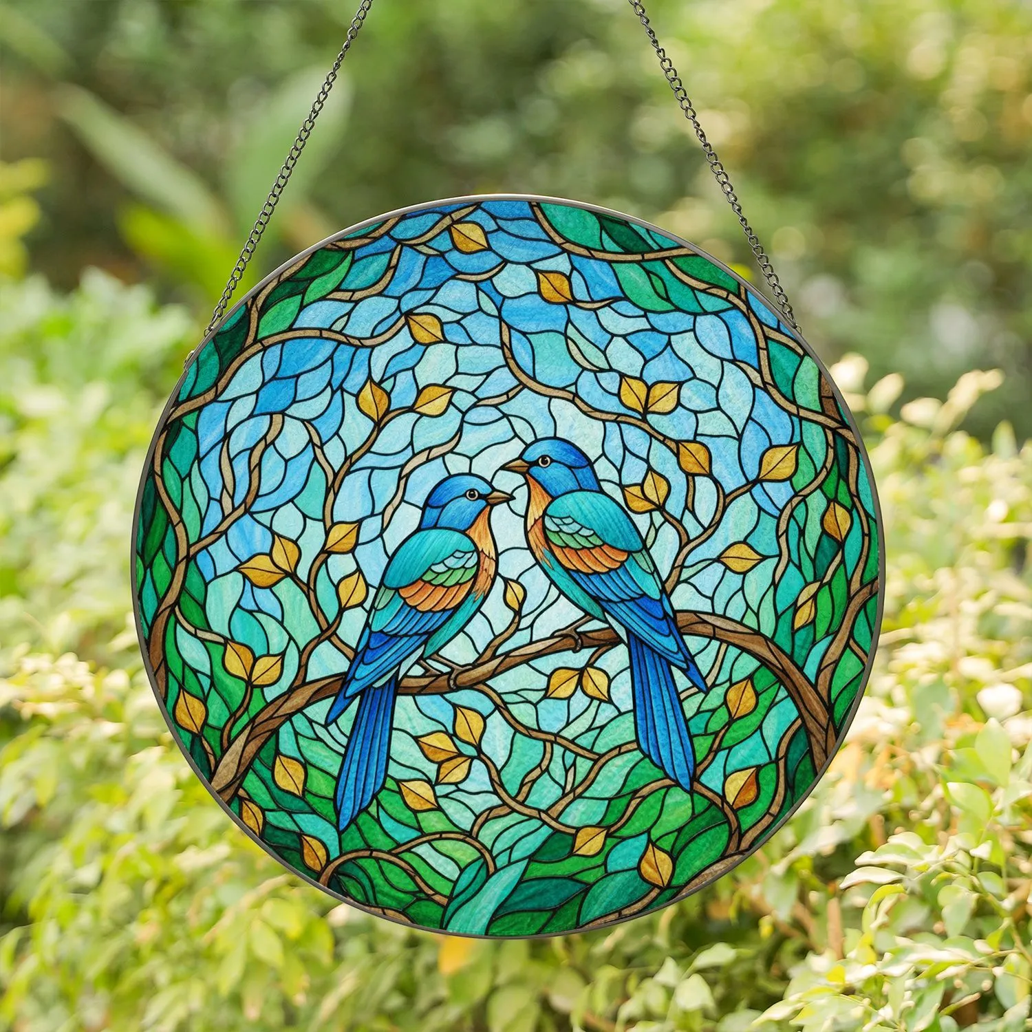 Blue Birds Intertwining Tree Branch Stained Glass Mosaic - Home Decor Gift for Bird Lover Stained Glass Suncatcher - 1