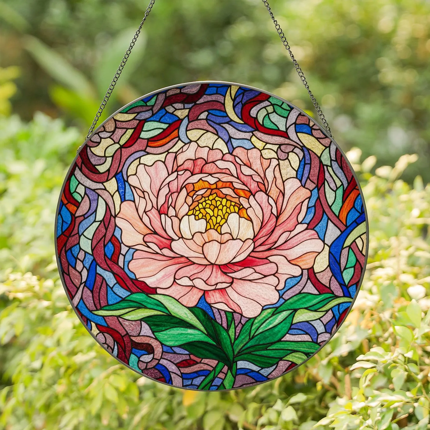 Fully Bloomed Peony Flower Green Leaves Jewel Tones Swirls - Home Decor Gift for Nature Lover Stained Glass Suncatcher - 1