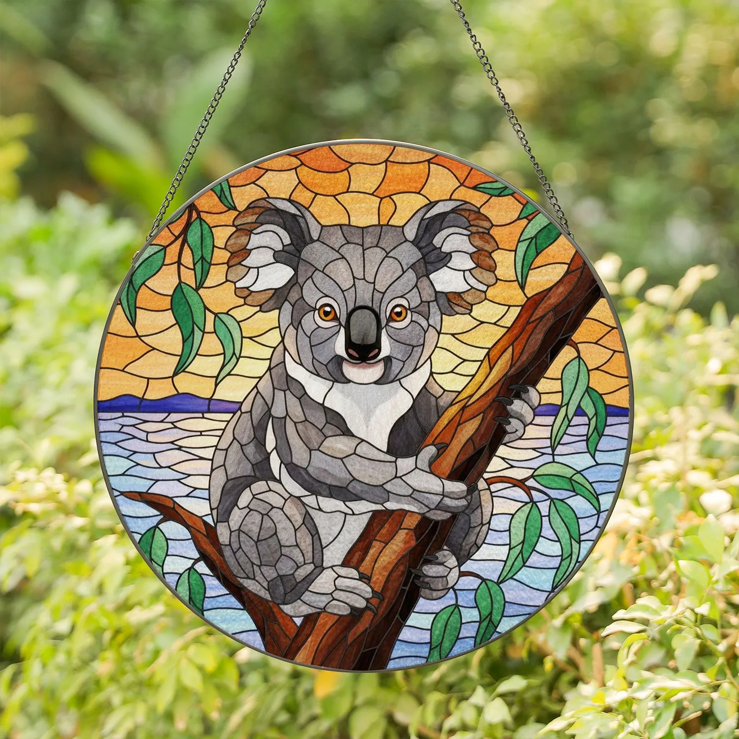 Koala Bear Eucalyptus Branch Sunset Over Tranquil Water - Wildlife Home Decor Gift Stained Glass Suncatcher - 1