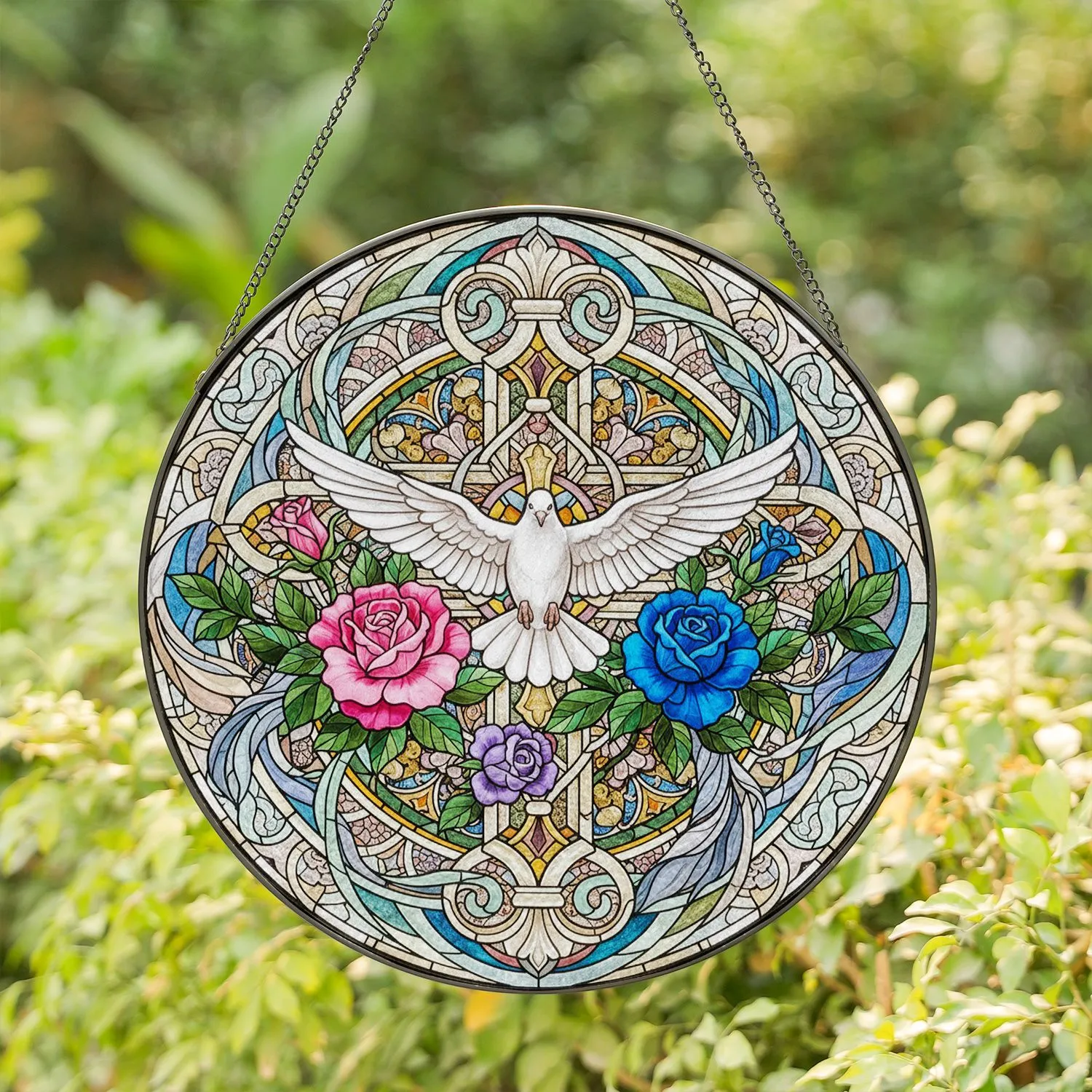 White Dove Cross Roses Mandala - Spiritual Home Decor Gift for Bird and Rose Lovers Stained Glass Suncatcher - 1