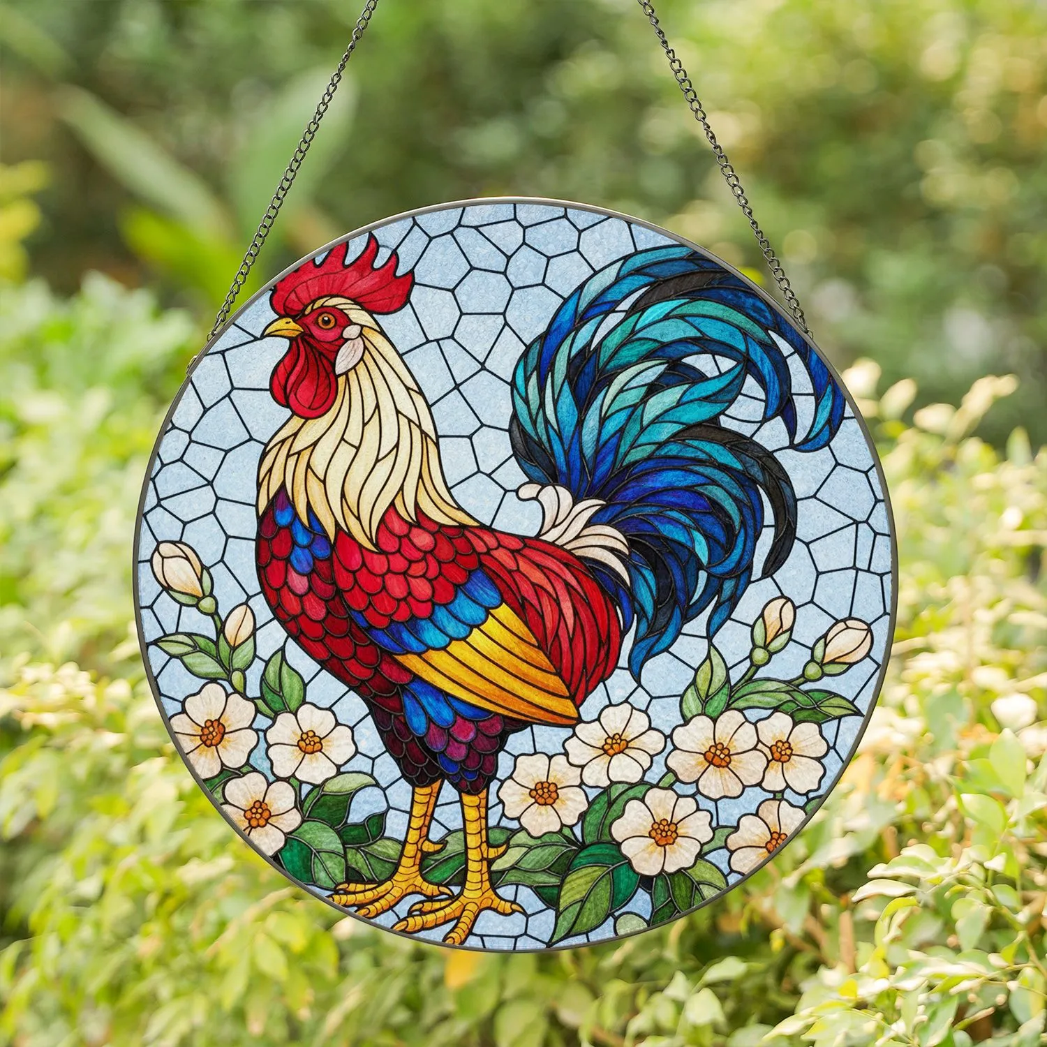 Rooster Cream Blossom Leaves Sky - Home Decor Gift for Rooster Lover Stained Glass Suncatcher - 1