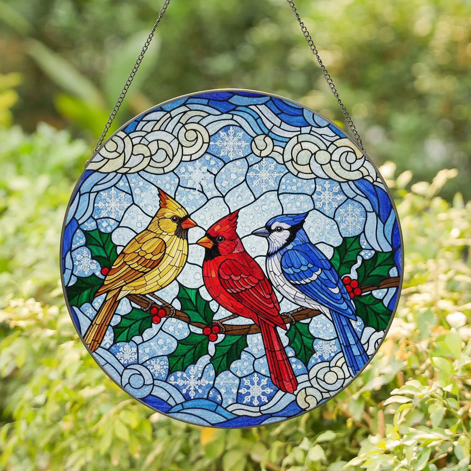 Cardinal Blue Jay Birds Holly Branch Sky Clouds Snowflakes - Home Decor Gift for Bird Lovers Stained Glass Suncatcher - 1