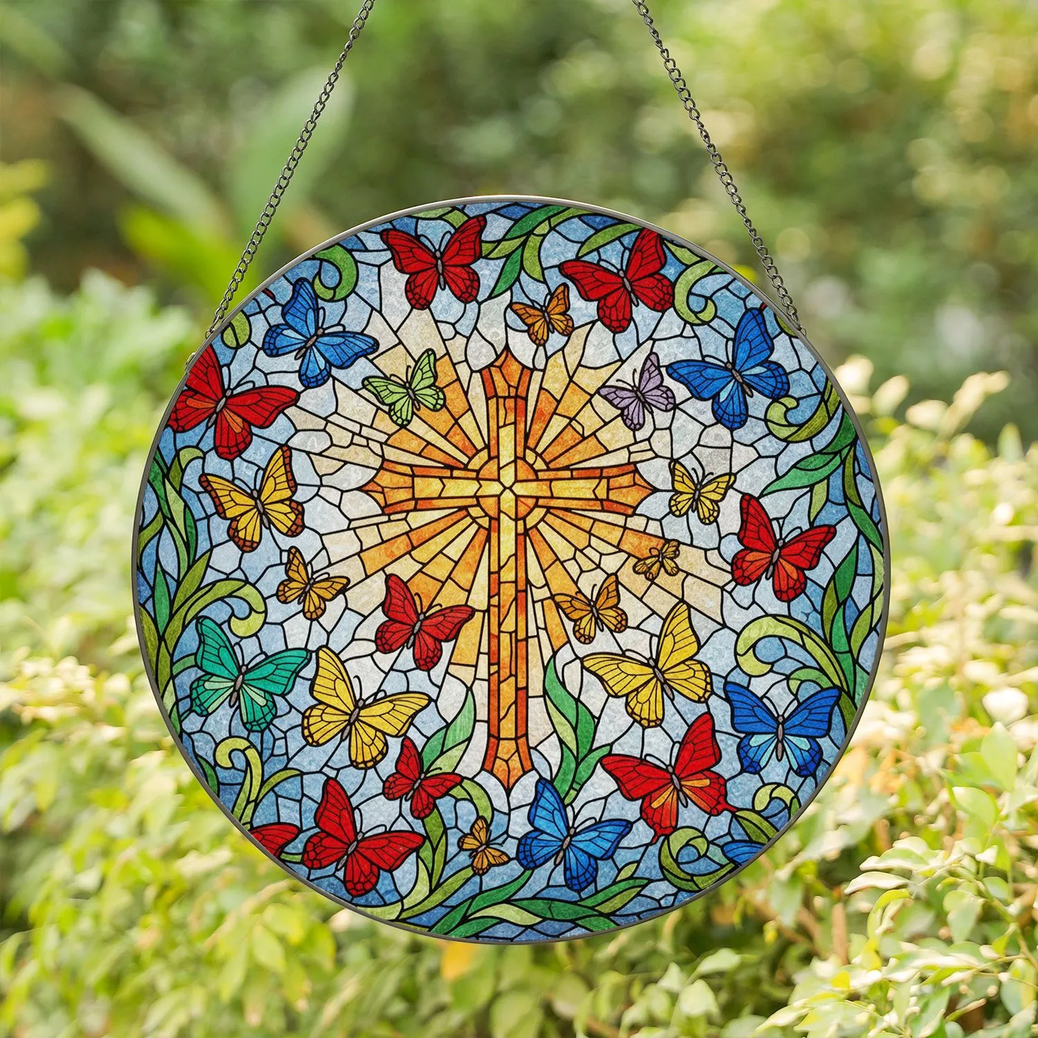 Stained Glass Christian Cross Butterflies Luminous Sky - Religious Home Decor Gift Stained Glass Suncatcher - 1