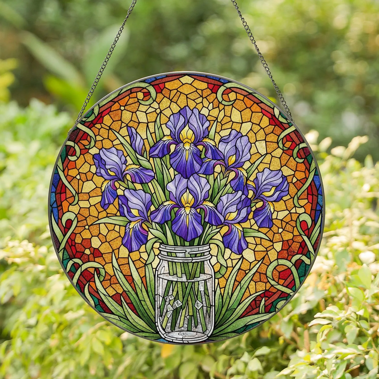 Stained Glass Iris Bouquet Mason Jar Geometric Organic Mosaic - Home Decor Gift Stained Glass Suncatcher - 1