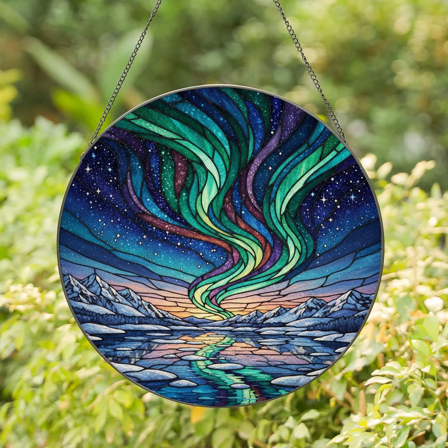 Aurora Borealis Snow Mountains Lake Twilight Night Sky - Home Decor Gift Stained Glass Suncatcher - 1