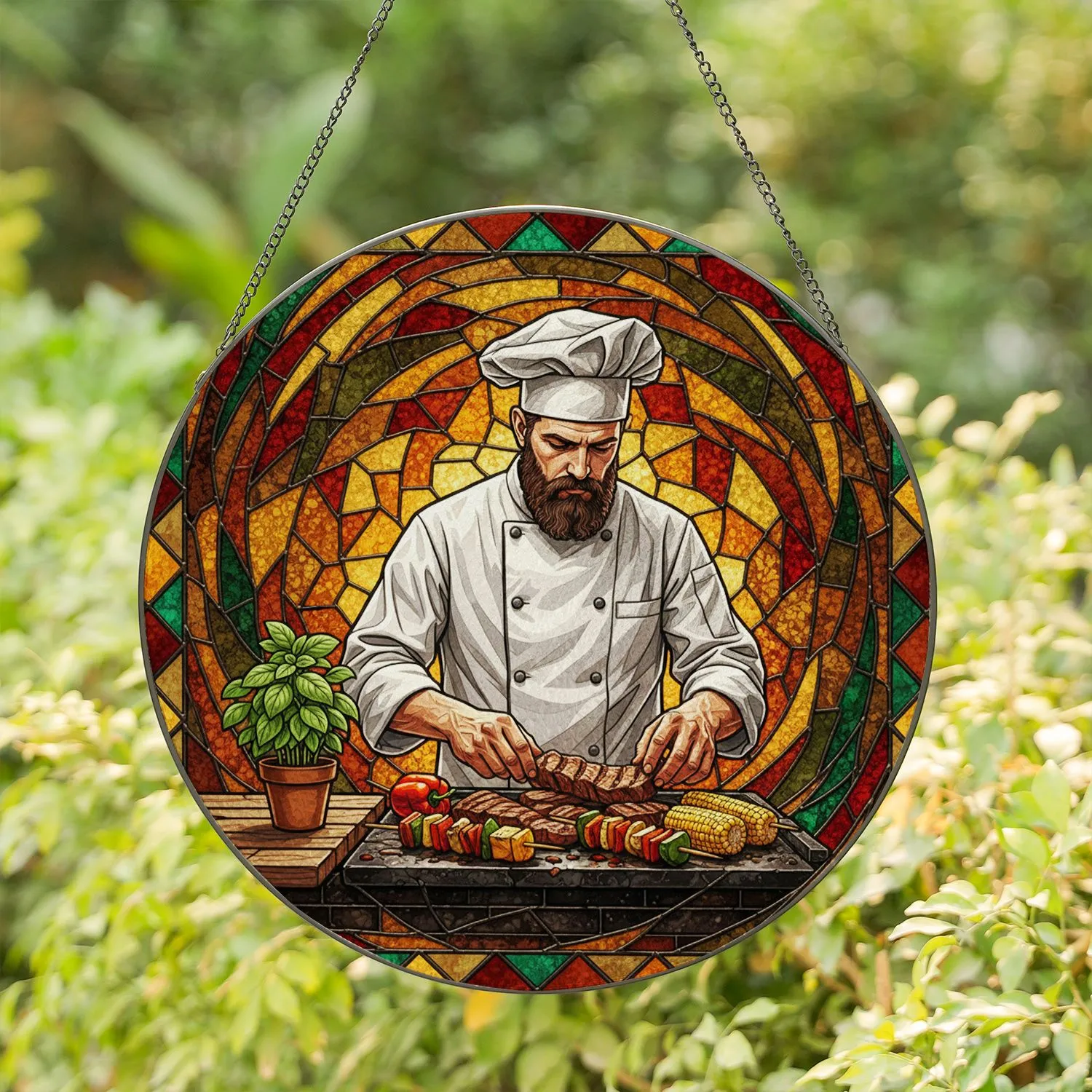 Male Chef Cooking Grilled Foods Vegetables - Rustic Home Kitchen Decor Gift for Chef Stained Glass Suncatcher - 1