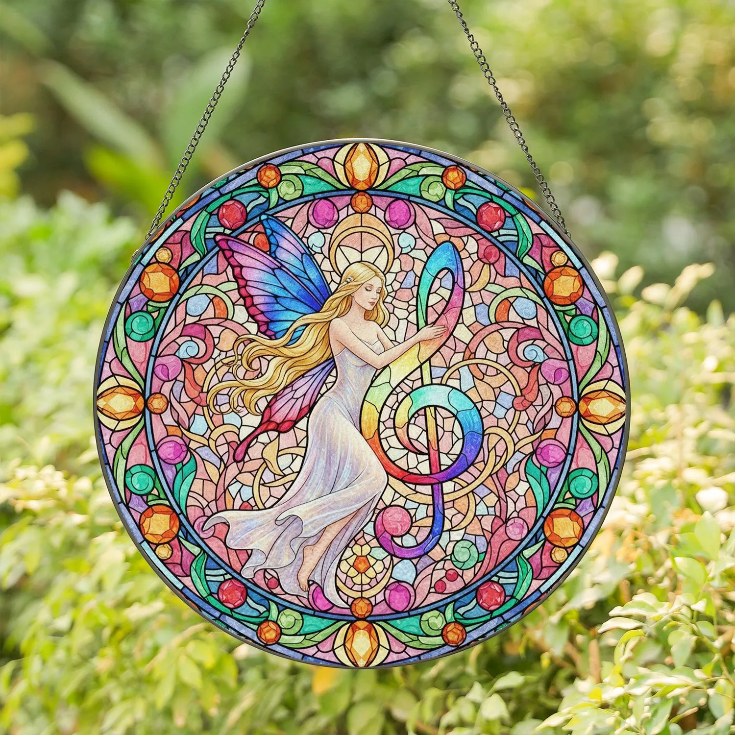 Glowing Stained Glass Fairy Woman Iridescent Wings Rainbow Treble Clef - Home Decor Gift Stained Glass Suncatcher - 1