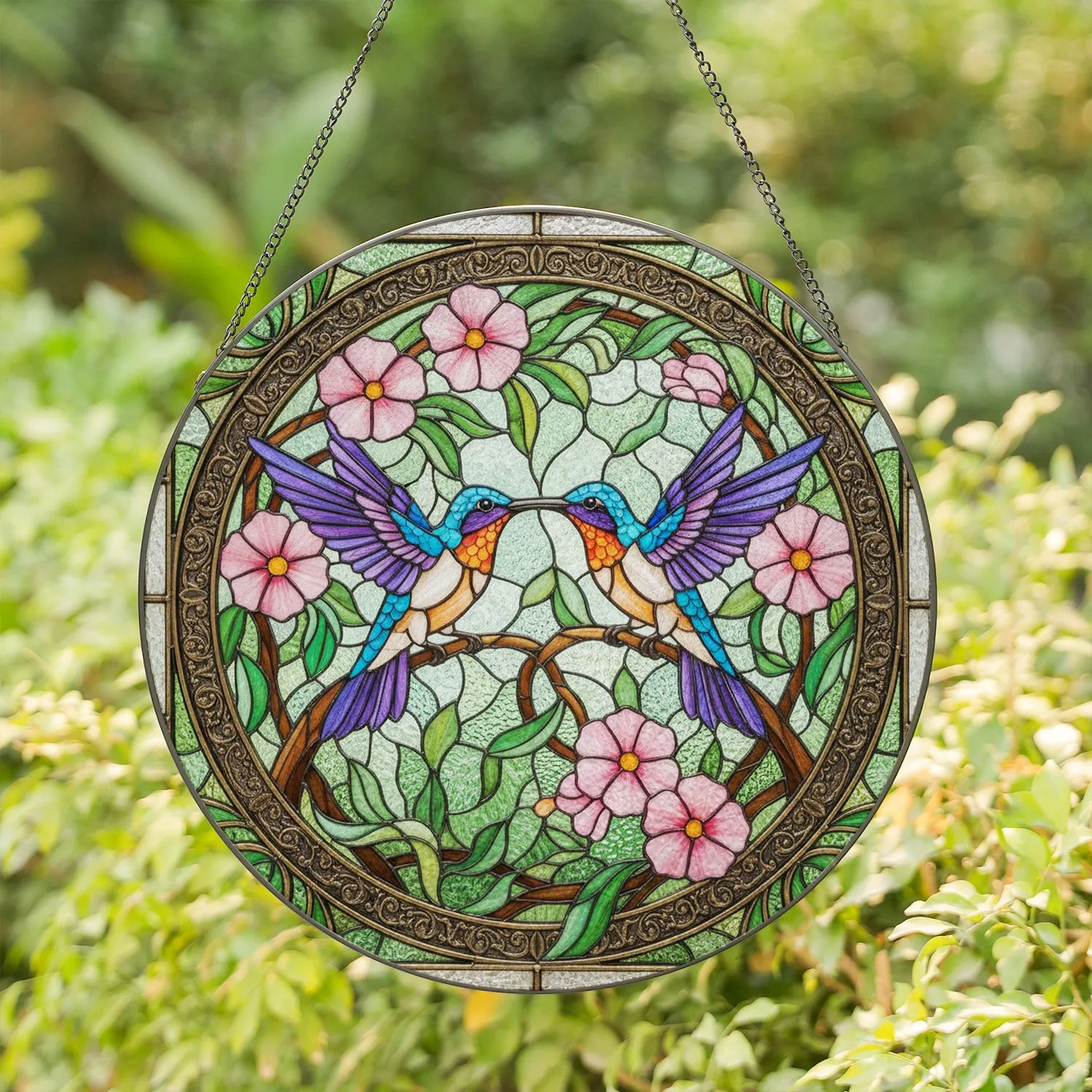 Hummingbirds Perched Branch Pink Fuchsia Flowers - Home Decor Gift Wildlife Lover Stained Glass Suncatcher - 1