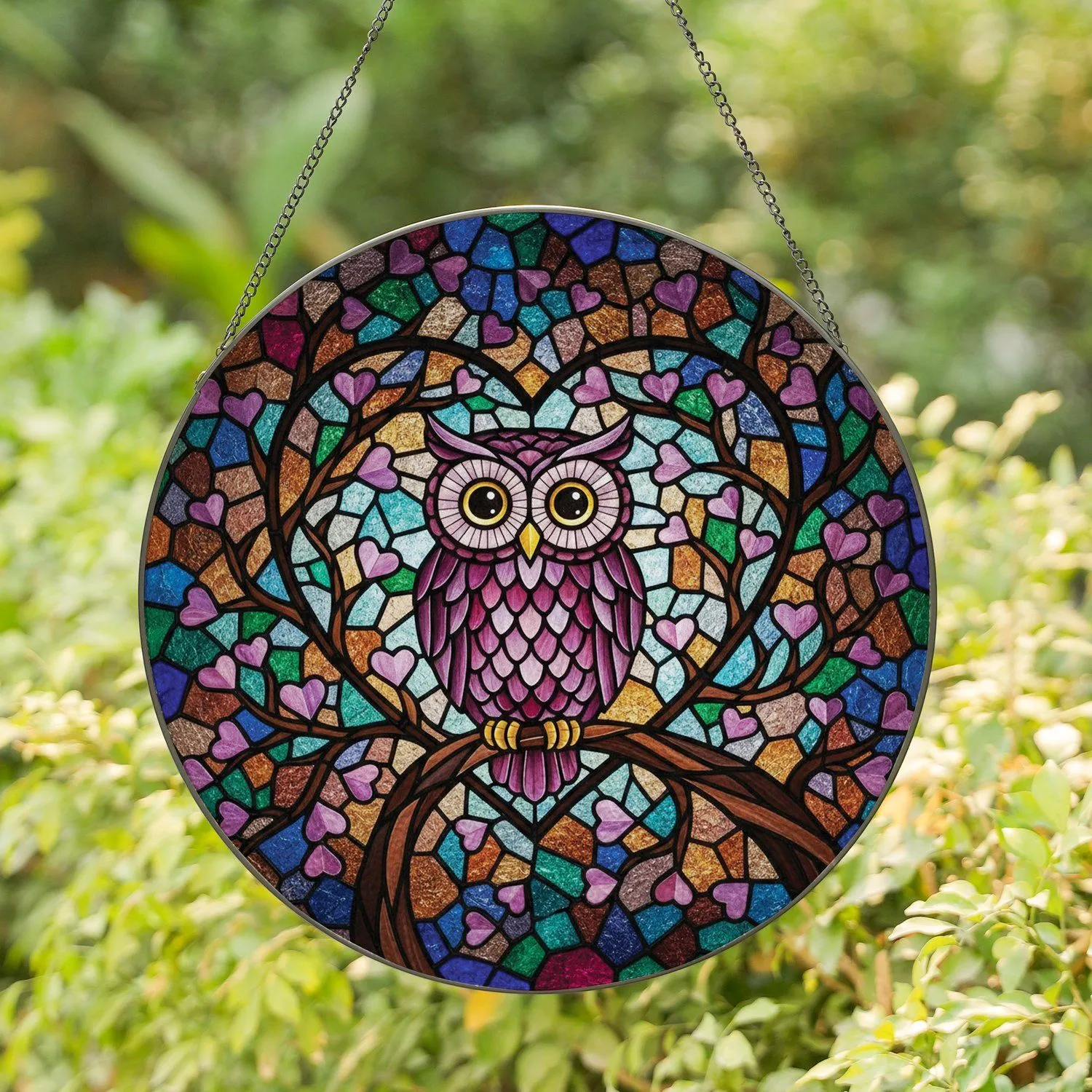Purple Owl Perched Tree Branch Heart Leaves Heart Border - Home Decor Gift Stained Glass Suncatcher - 1