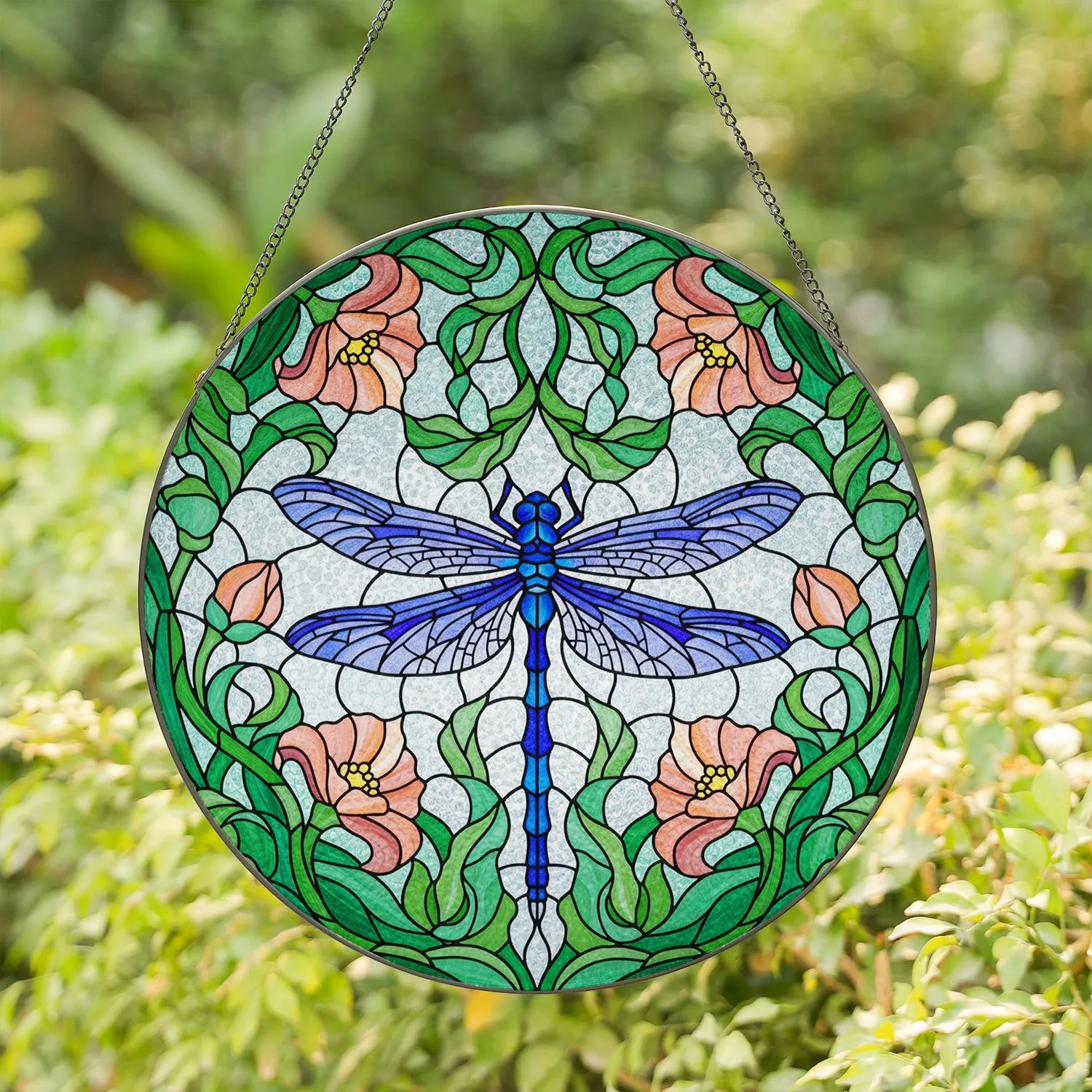 Tiffany Glass Dragonfly Flowers Foliage - Home Decor Gift for Wildlife Lovers Windows Stained Glass Suncatcher - 1