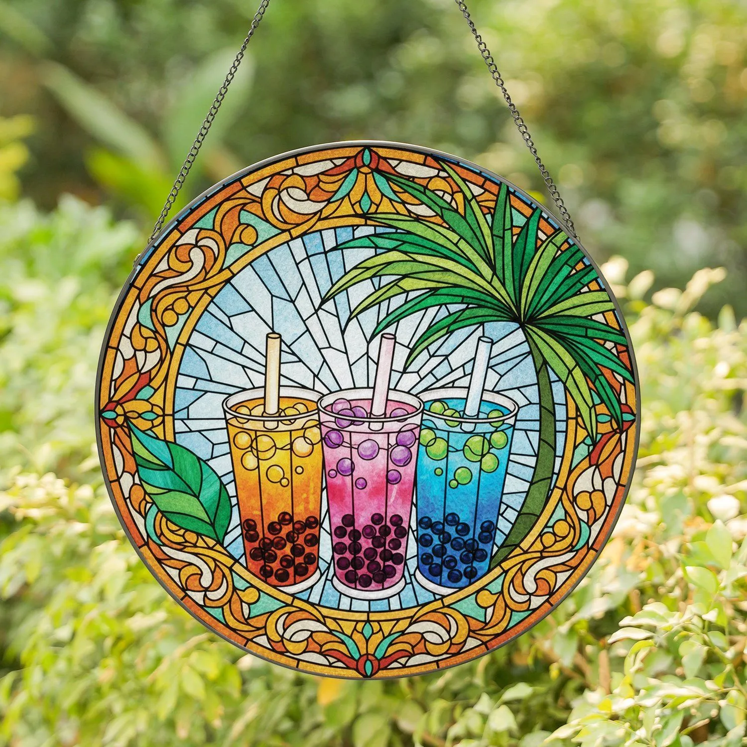 Colorful Bubble Tea Boba Palm Leaves Sky Mosaic - Home Decor Gift for Bubble Tea Lover Stained Glass Suncatcher - 1