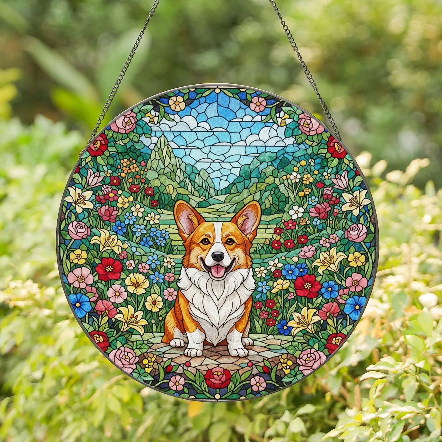 Smiling Corgi Dog Stained Glass Garden - Home Decor Gift for Dog Lover Stained Glass Suncatcher - 1