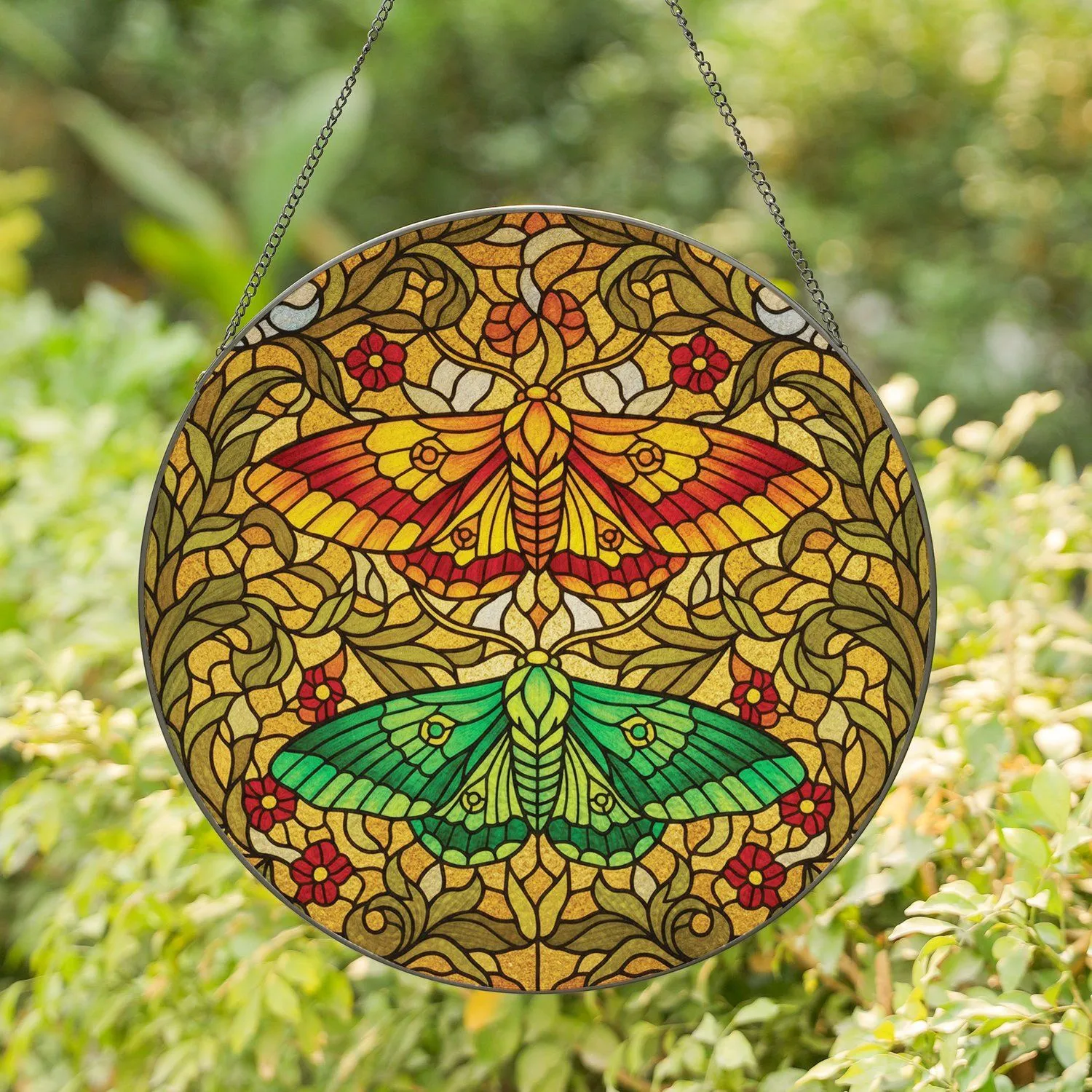 Two Exquisite Stained Glass Moths Organic Mosaic Leaves Clouds - Wildlife Lover Home Decor Gift Stained Glass Suncatcher - 1