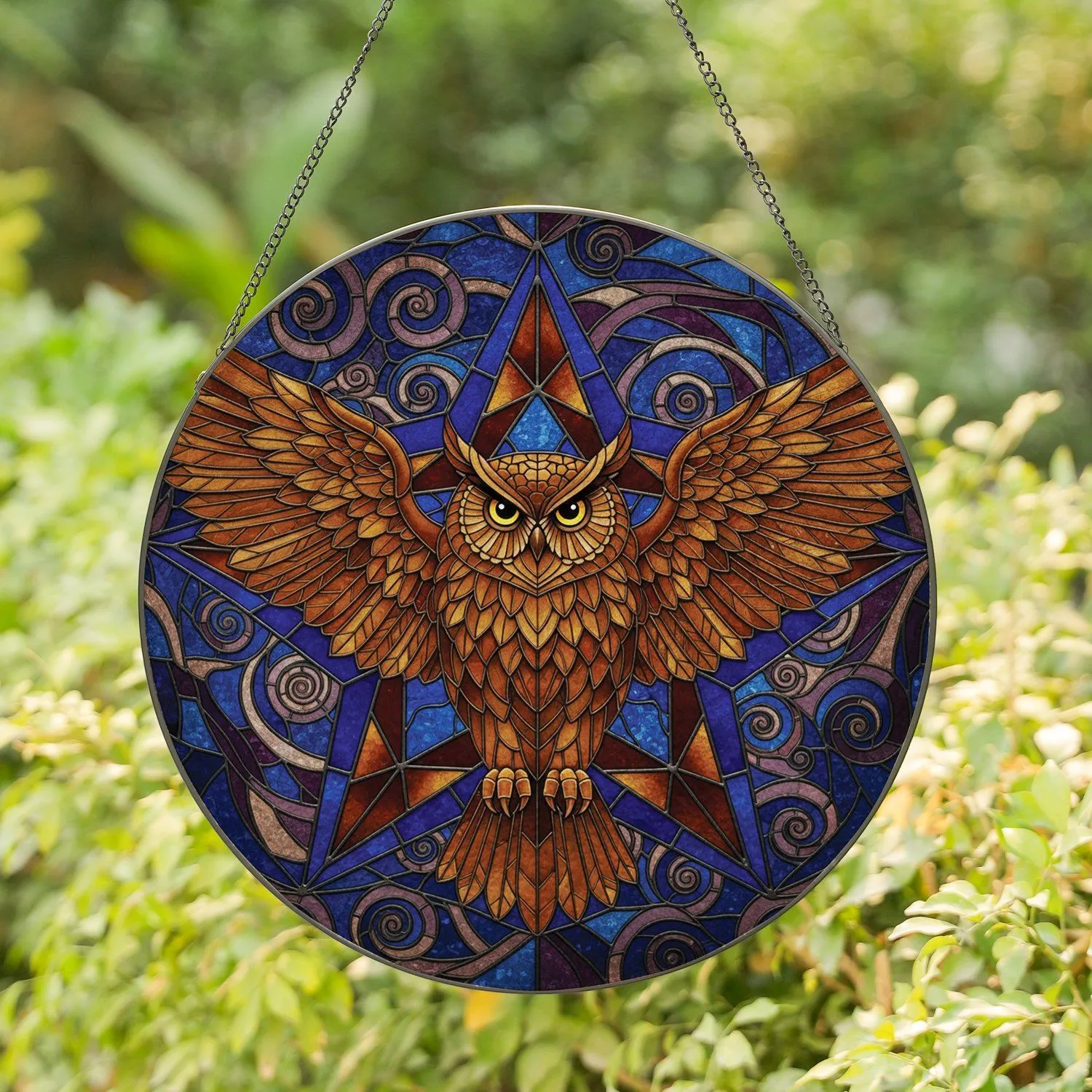 Majestic Brown Owl Extended Wings Five-Pointed Star Mosaic - Wildlife Lover Home Decor Gift Stained Glass Suncatcher - 1