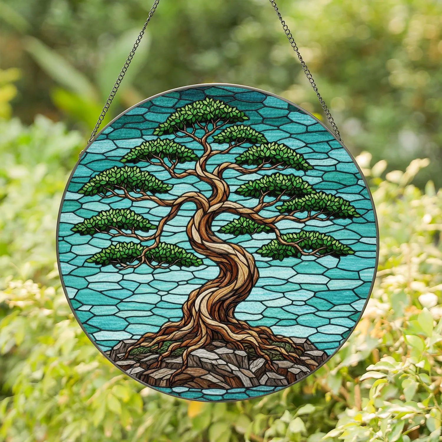 Ancient Bonsai Tree Sprawling Branches Gnarled Trunk Textured Rocks - Everyday Home Decor Stained Glass Suncatcher - 1