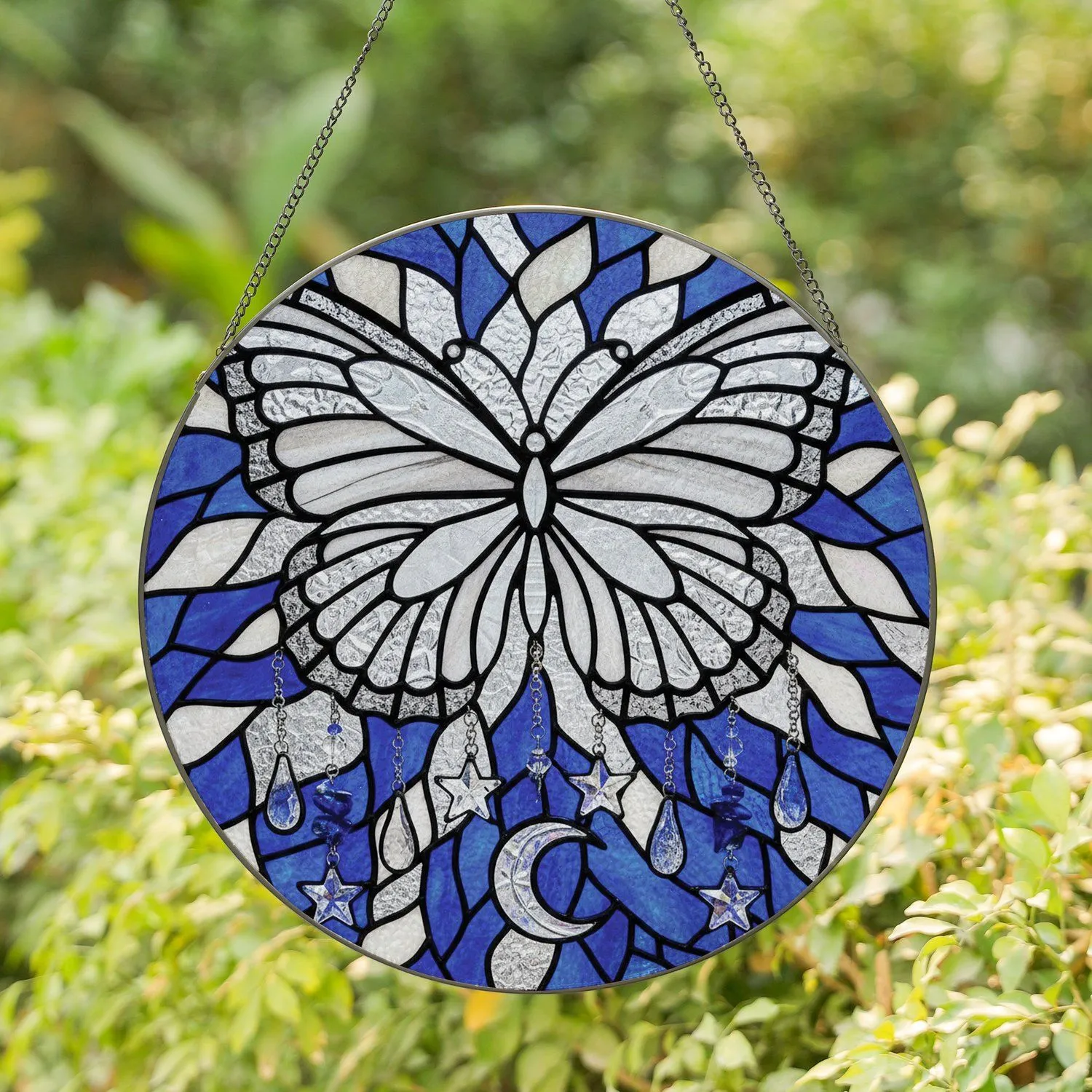 Butterfly Stained Glass Lapis Lazuli Crescent Moon - Wildlife Lover Home Decor Gift Stained Glass Suncatcher - 1
