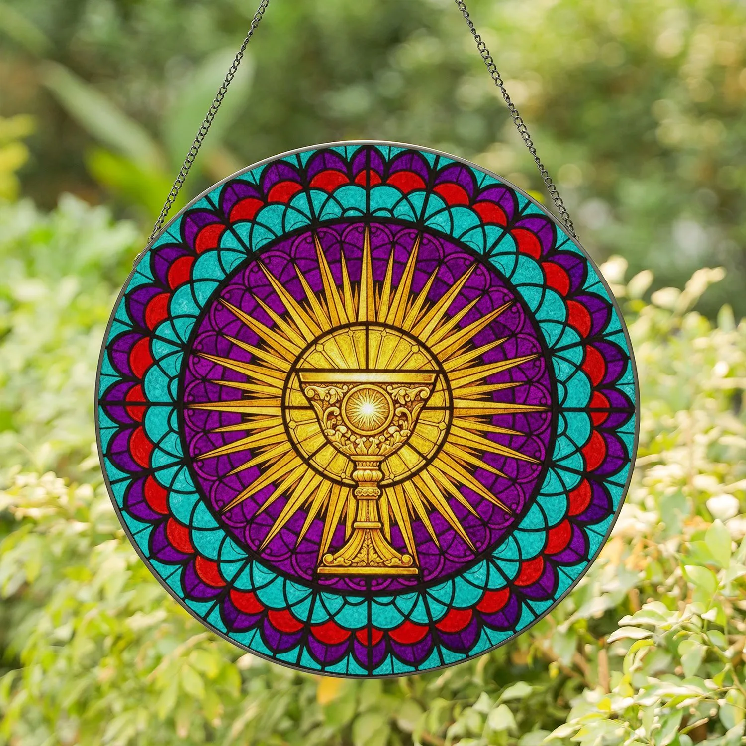 Ornate Golden Chalice Sunburst Scrollwork Tiffany Stained Glass Jewel Tones Home Decor Gift Stained Glass Suncatcher - 1