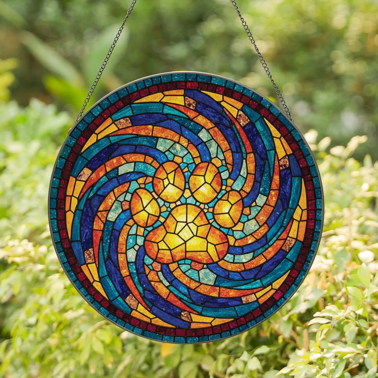 Fractured Glass Paw Print Amber Gold Circular Border - Gift for Dog Cat Lover Home Decor Stained Glass Suncatcher - 1