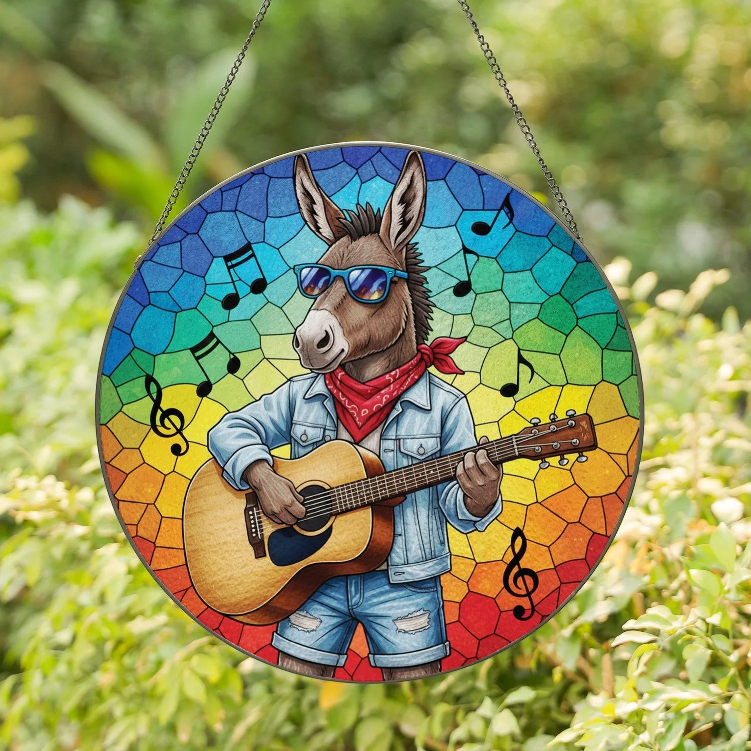 Stained Glass Donkey Playing Acoustic Guitar - Music Lover Home Decor Gift for Musician Stained Glass Suncatcher - 1