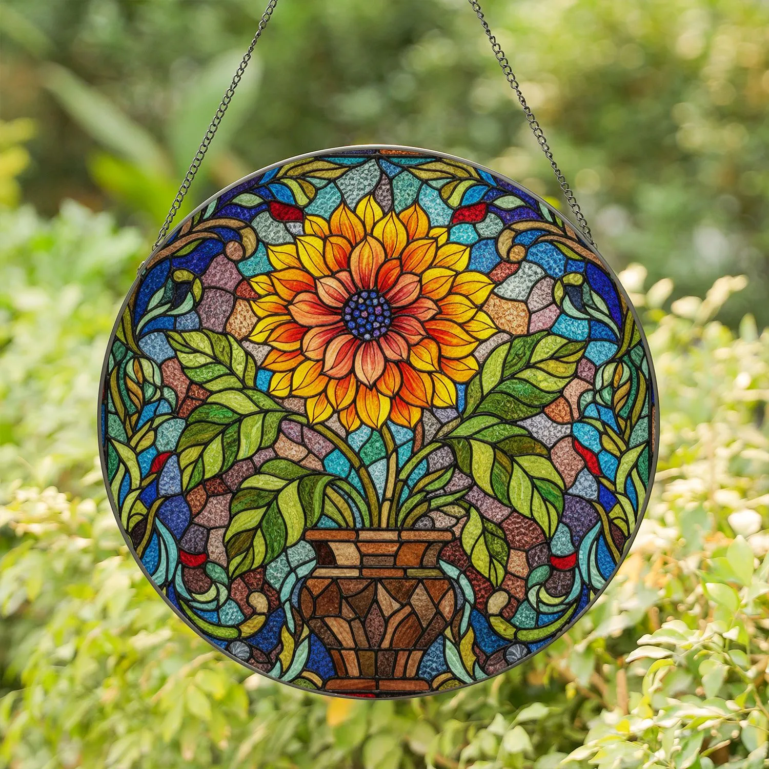 Tiffany Glass Dahlia Flower Mosaic Pot Leaves - Garden Decor Gift Stained Glass Suncatcher - 1