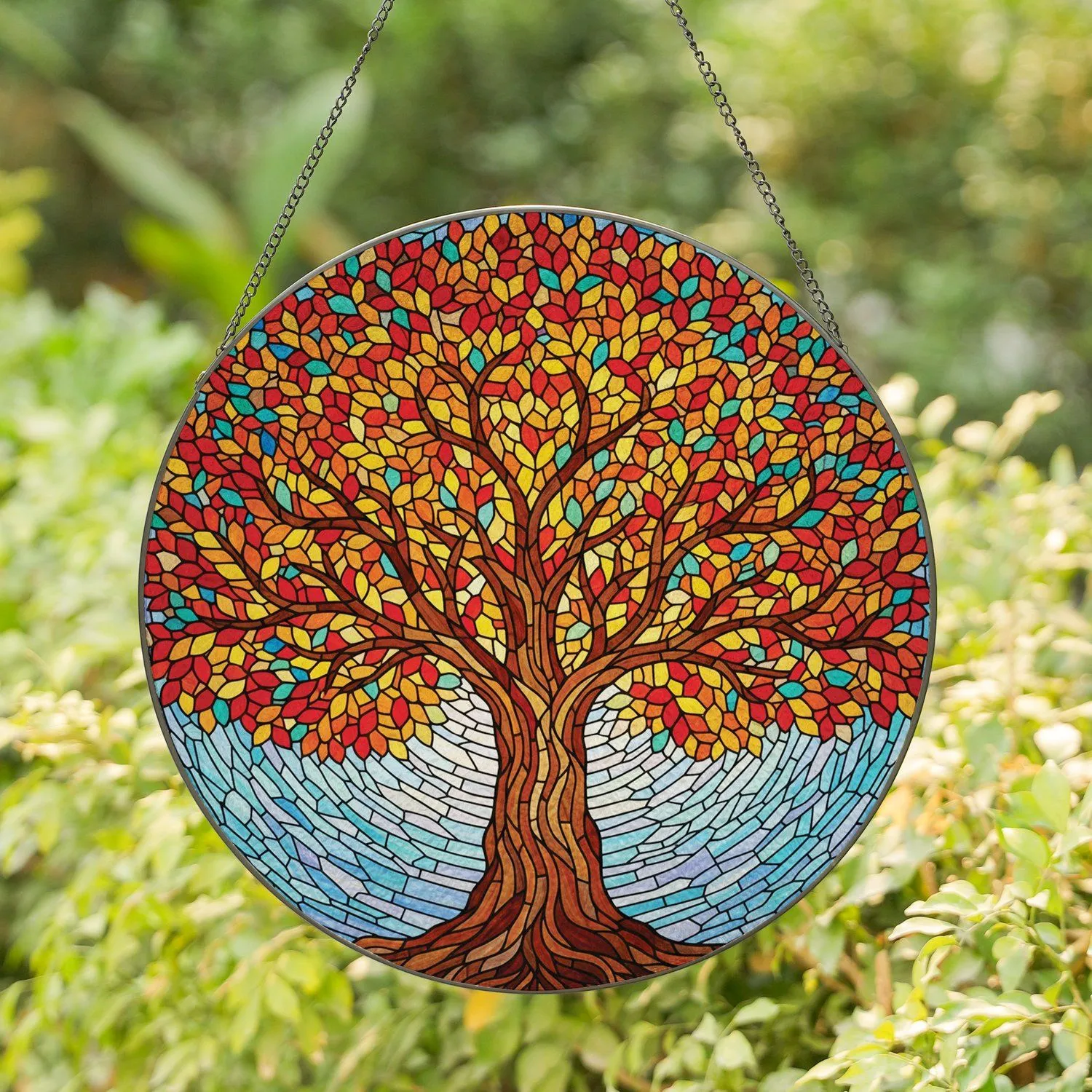 Majestic Tree Trunk Branches Brightly Colored Leaves Luminous Swirling Sky - Nature Lover Home Decor Gift Stained Glass Suncatcher - 1