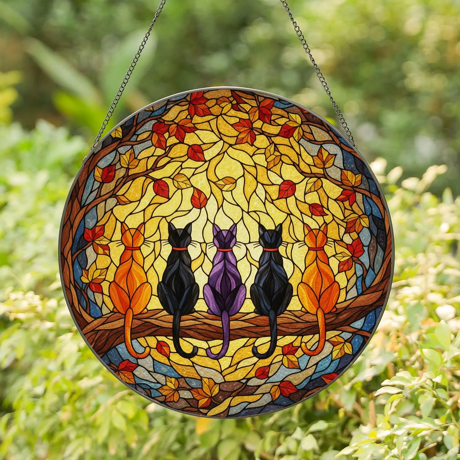 Five Cats Tree Branch Autumn Leaves - Home Decor Gift for Cat Lover Stained Glass Suncatcher - 1