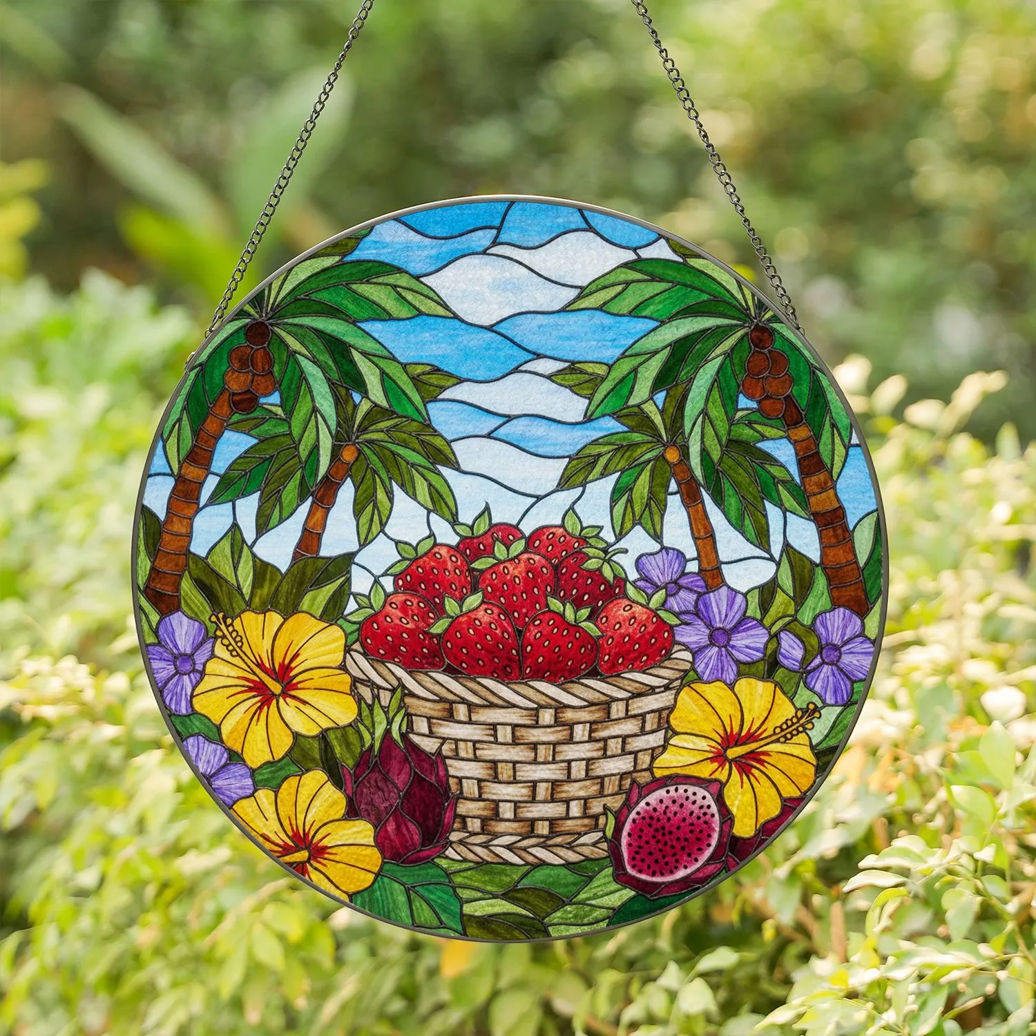 Strawberries Wicker Basket Jungle Island Hibiscus Orchid - Home Decor Gift Fruit Lover Stained Glass Suncatcher - 1