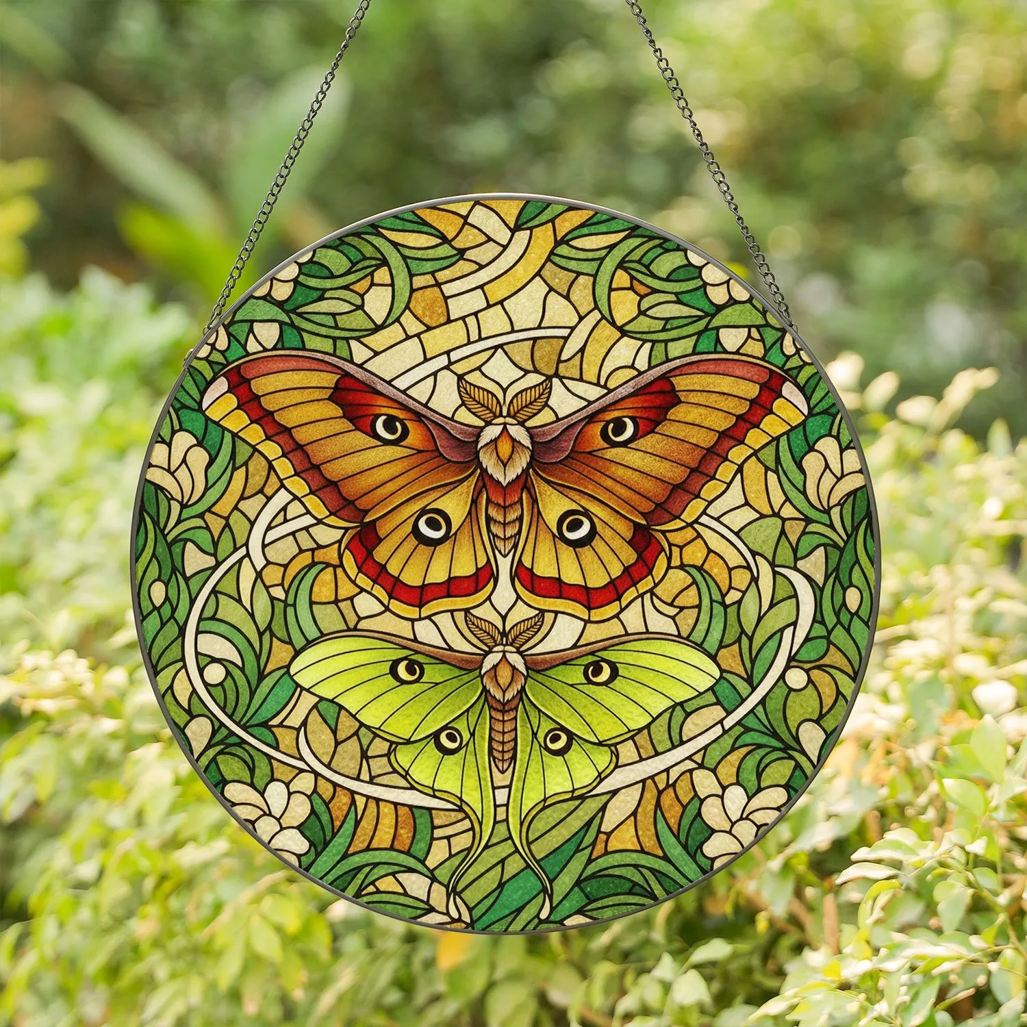 Ornate Atlas Luna Moths Botanical Foliage - Wildlife Lover Home Decor Gift Stained Glass Suncatcher - 1