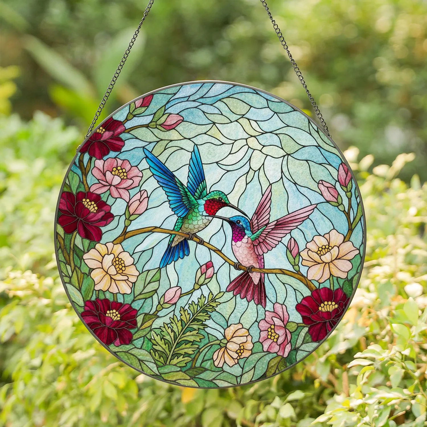 Hummingbirds Bloomed Flowers Green Leaves Swirling Sky Jewel Tone Home Decor Gift Stained Glass Suncatcher - 1